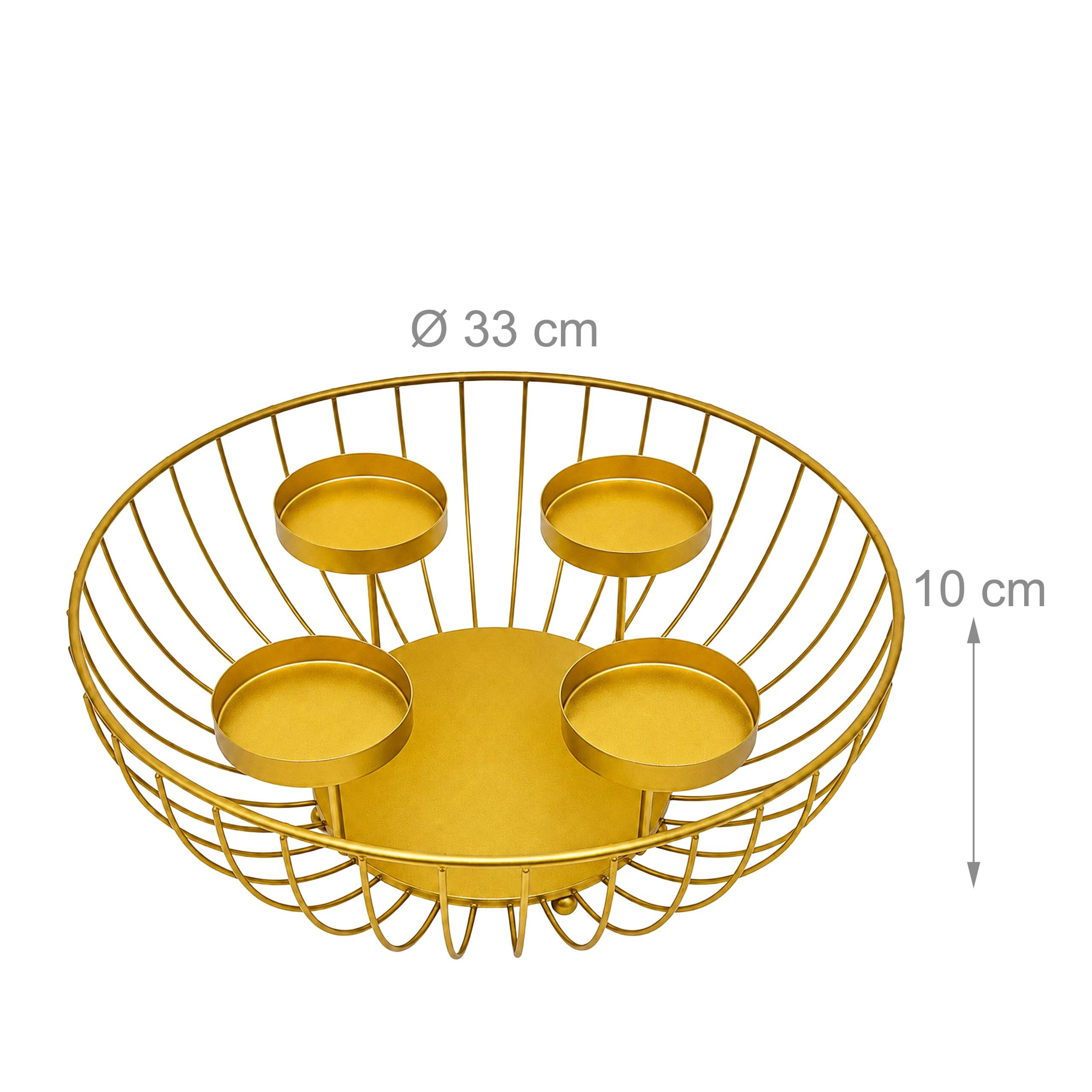 Goldfarbener, runder Kerzenhalterkorb mit vier Haltern, 33 cm Durchmesser und 10 cm Höhe.