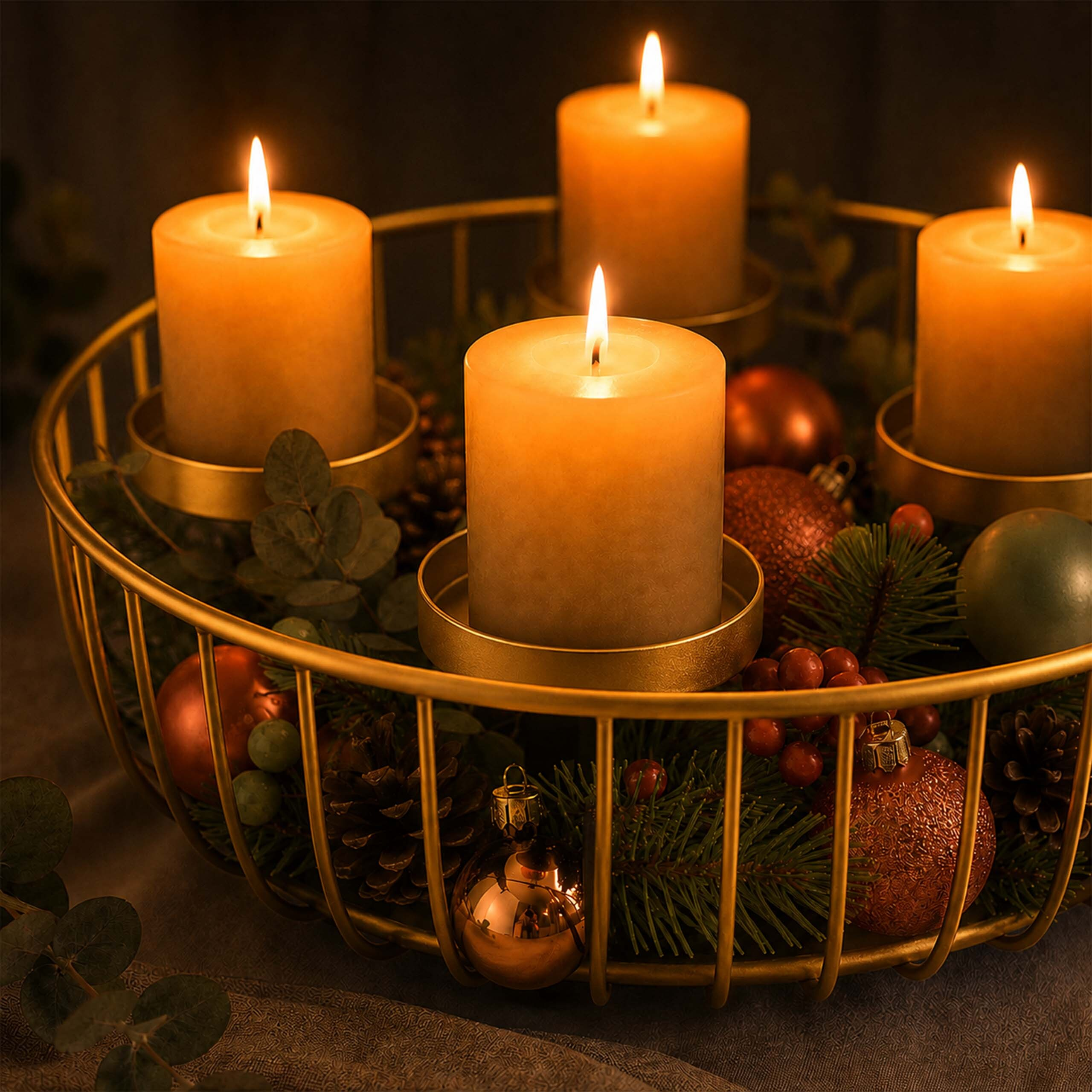 Ein Adventskranz in einer goldenen Metallschale mit vier brennenden Kerzen, Zapfen, Beeren und Christbaumkugeln.