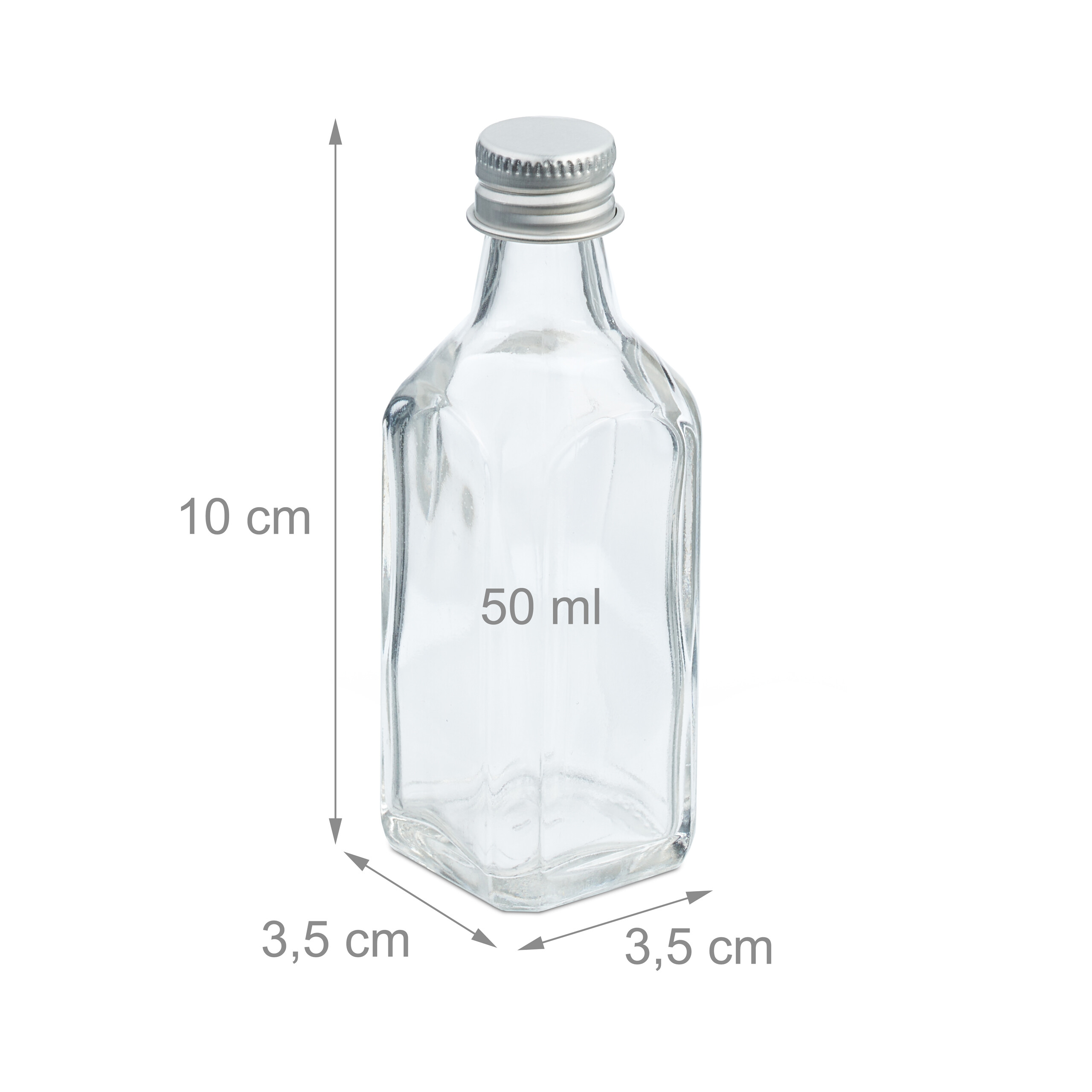 Kleine transparente 50-ml-Glasflasche mit Schraubverschluss, Höhe 10 cm, Maße 3,5x3,5 cm.