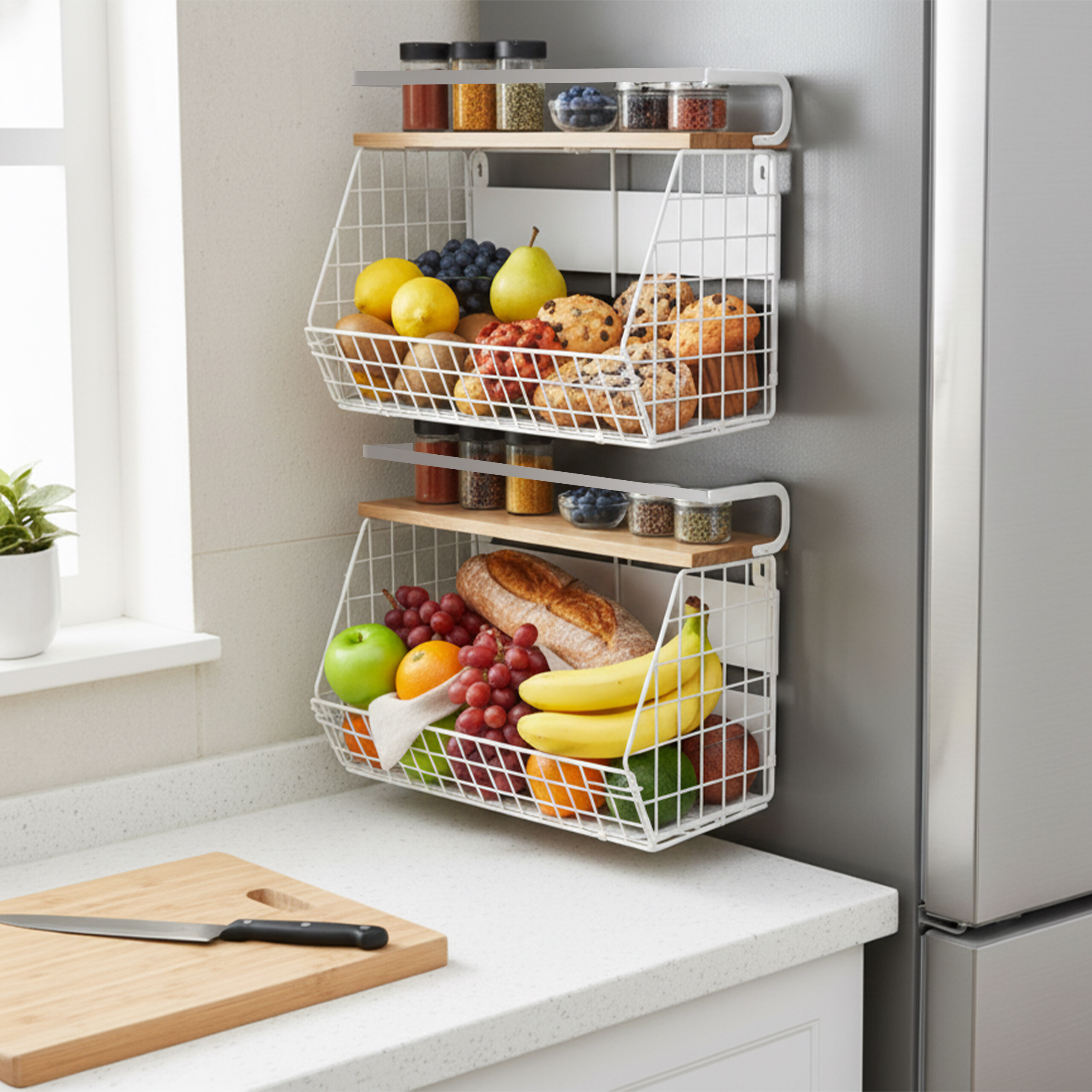 Zwei weiße Drahtkörbe an einer grauen Wand halten Obst, Brot und Gewürze, mit einem Schneidebrett auf der Theke.