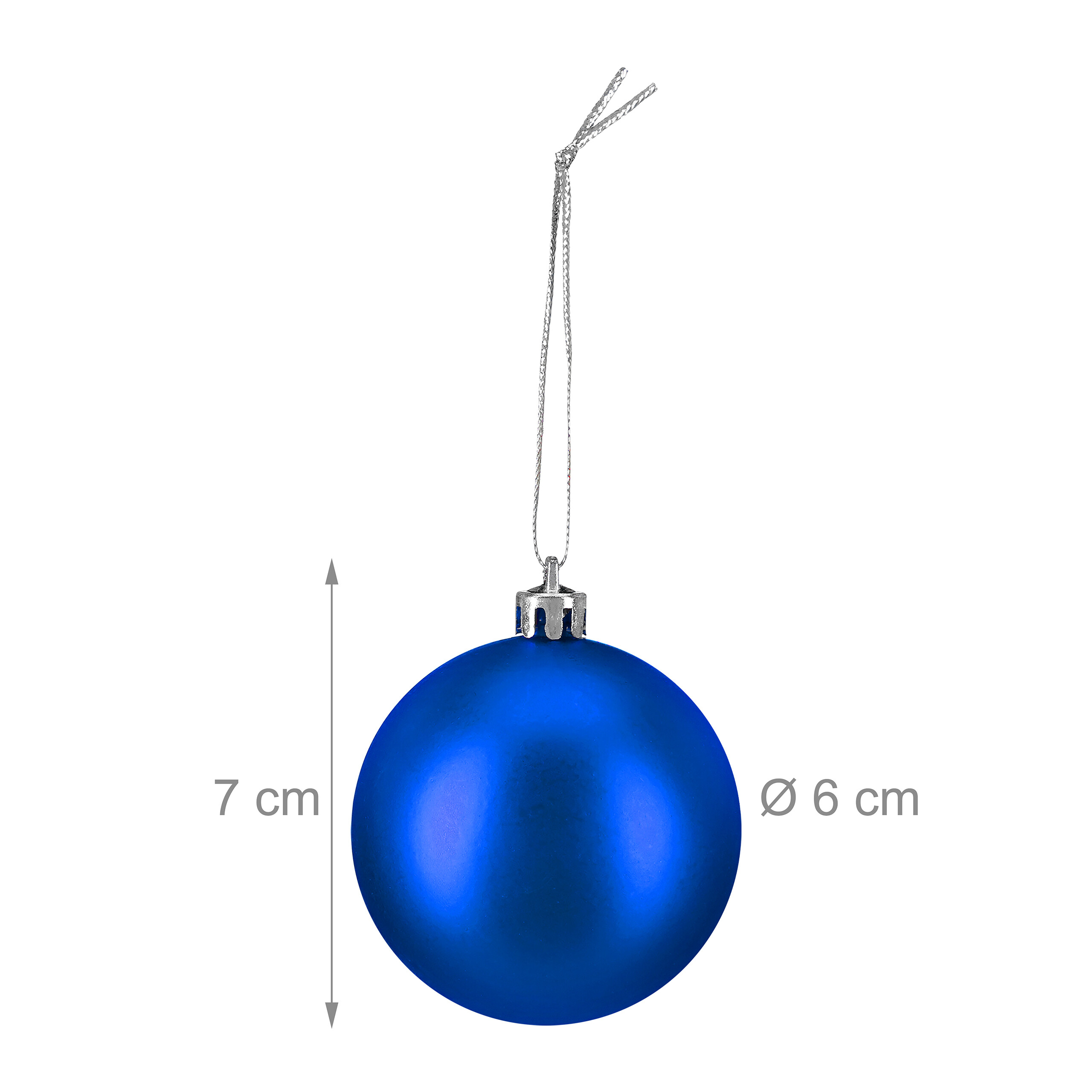 Eine glänzende blaue Weihnachtskugel mit silberner Kappe und Schnur, 7 cm hoch und 6 cm Durchmesser.