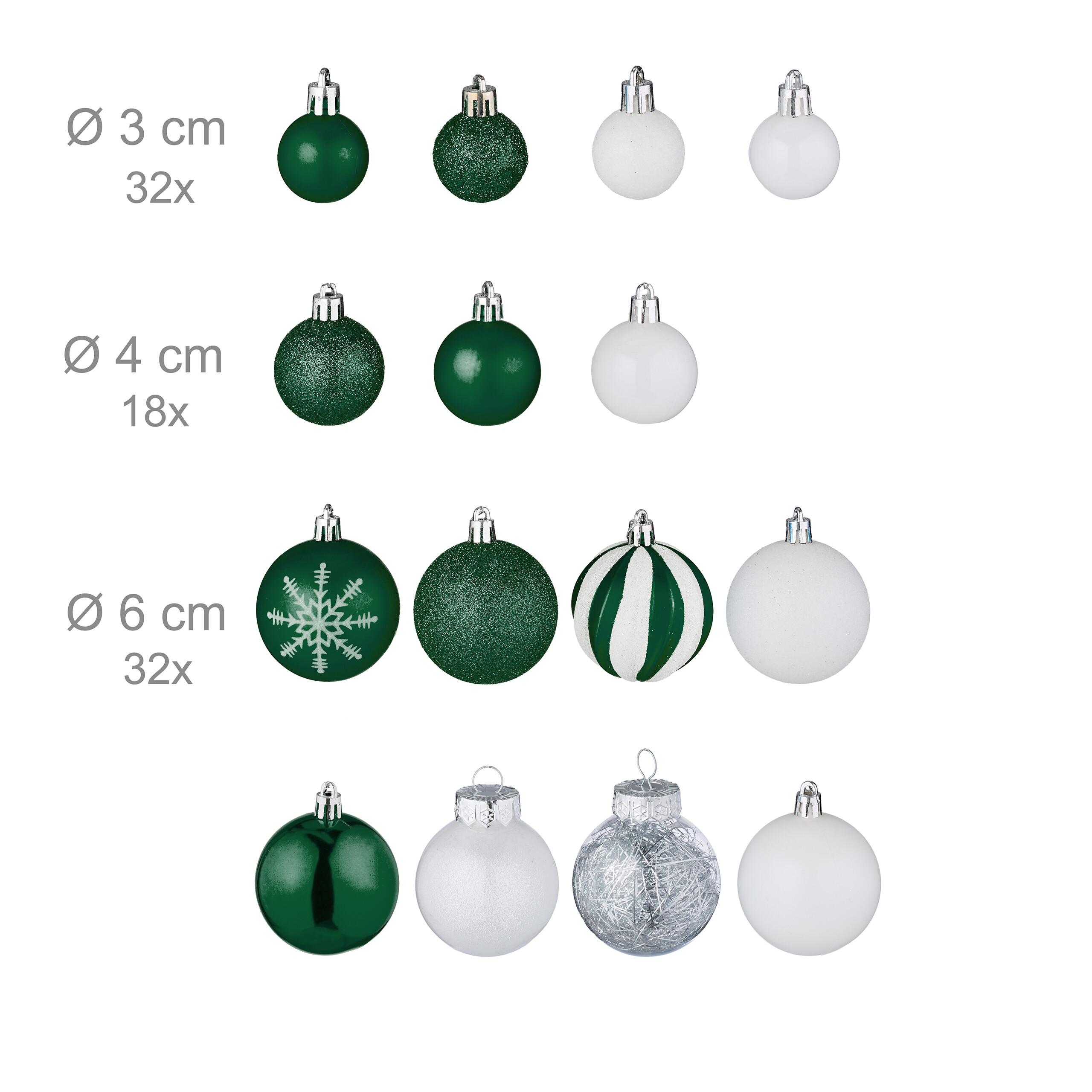 Verschiedene grüne und weiße Weihnachtskugeln in verschiedenen Größen und Ausführungen.