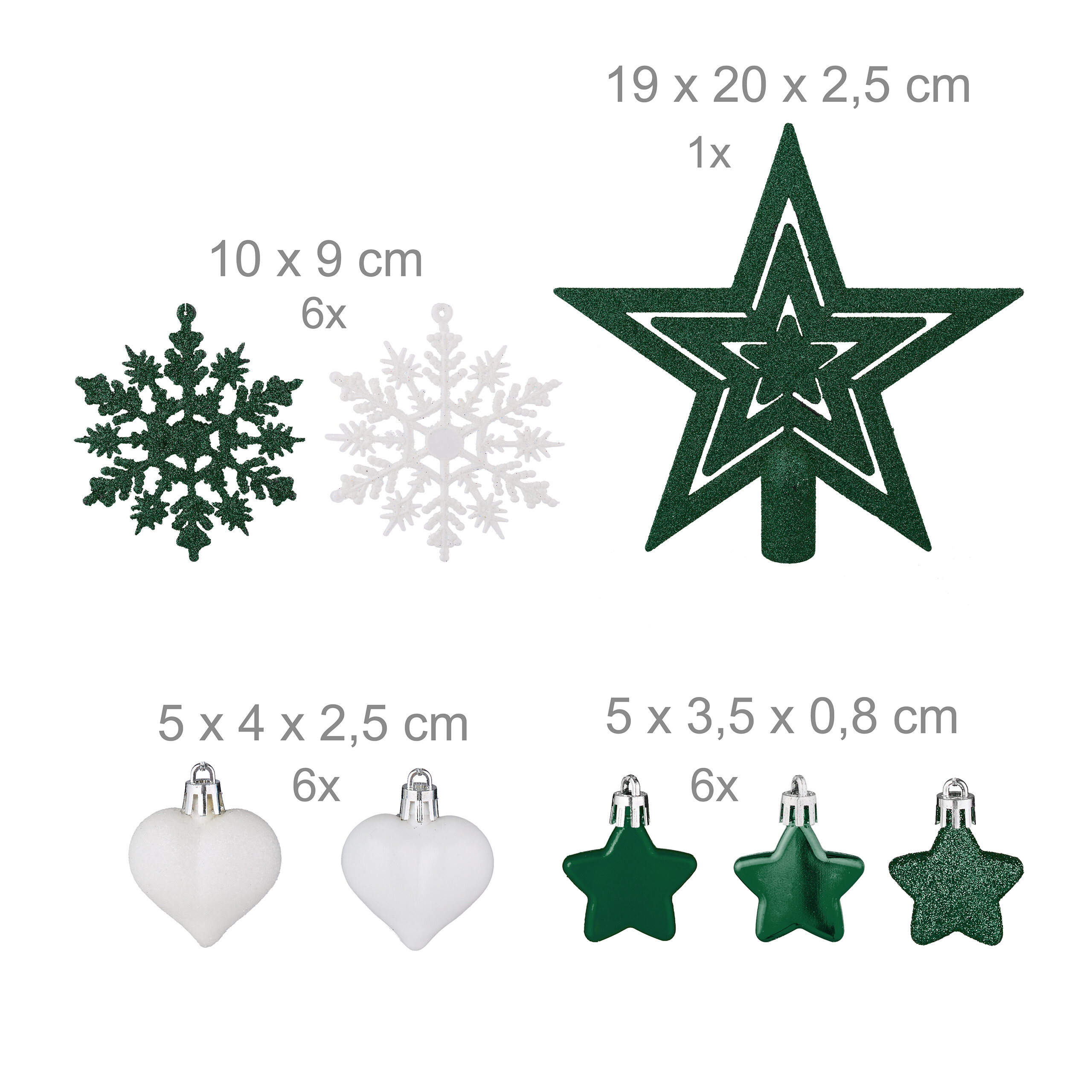 Grüne und weiße Weihnachtsdekoration mit Maßen wie Schneeflocken, ein großer Stern, Herzen und kleine Sterne.