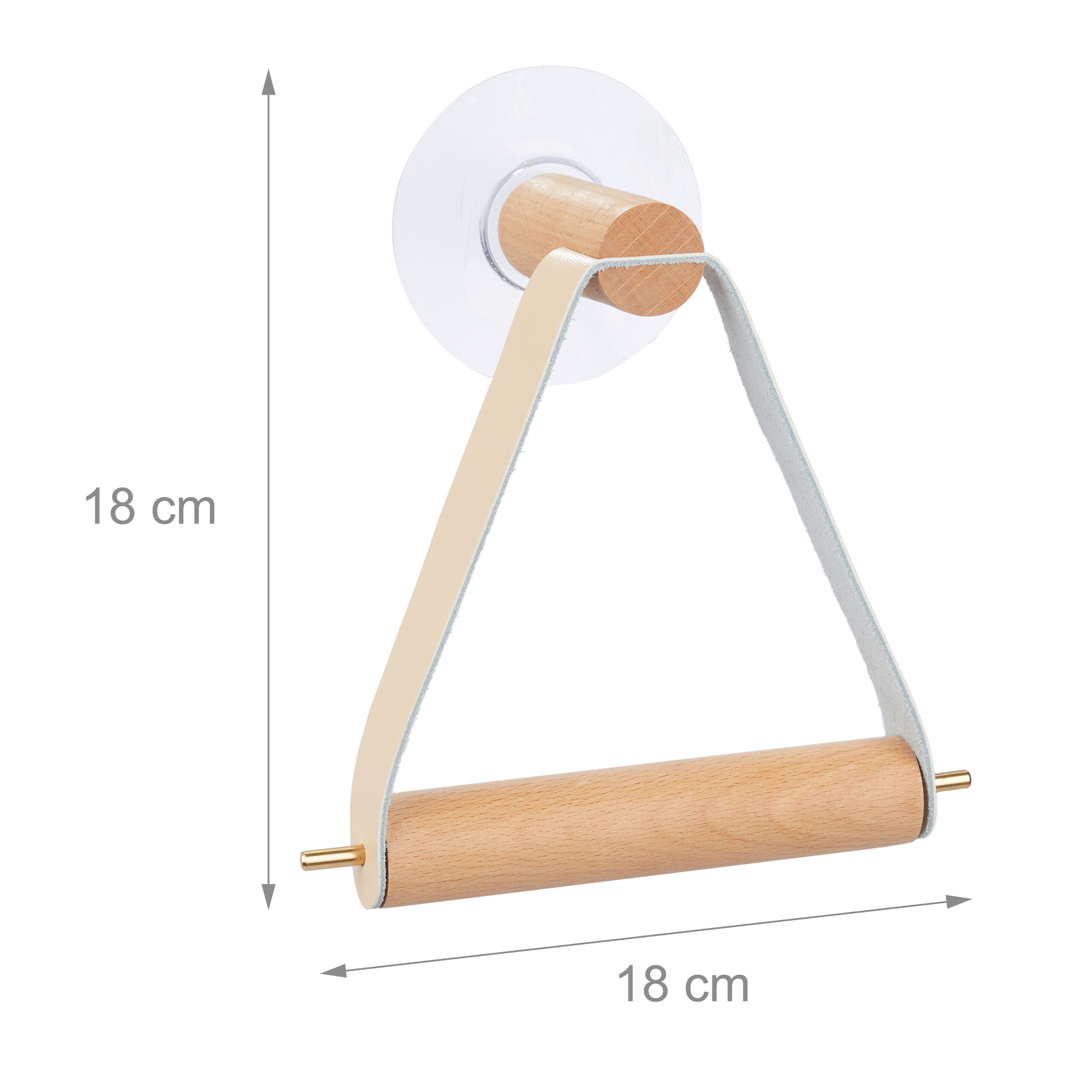 Ein Toilettenpapierhalter aus Holz und Leder mit Saugnapf, Maße 18x18 cm.
