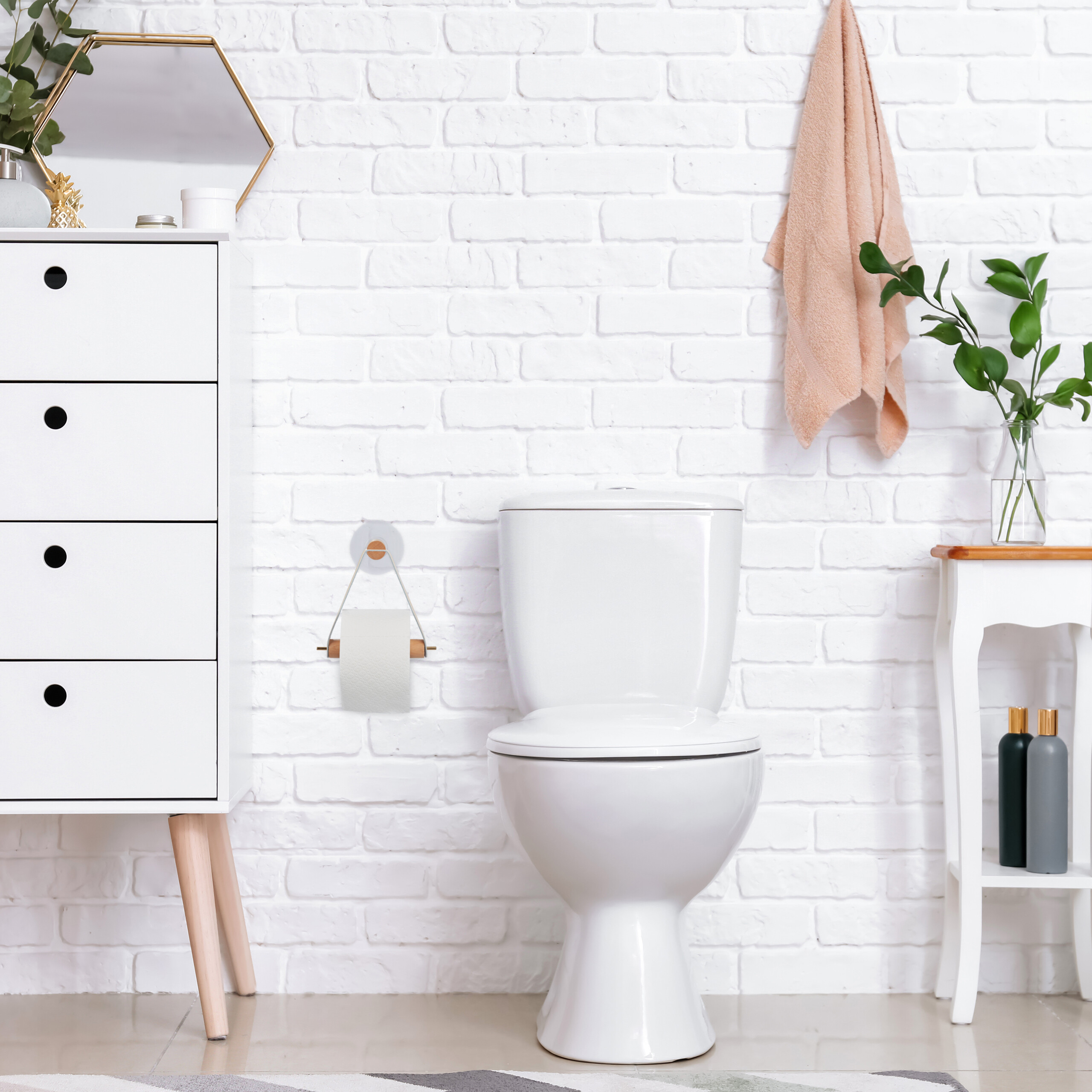 Weißes WC vor einer Ziegelwand, mit Schrank links und Regal mit Pflanze und Handtuch rechts.