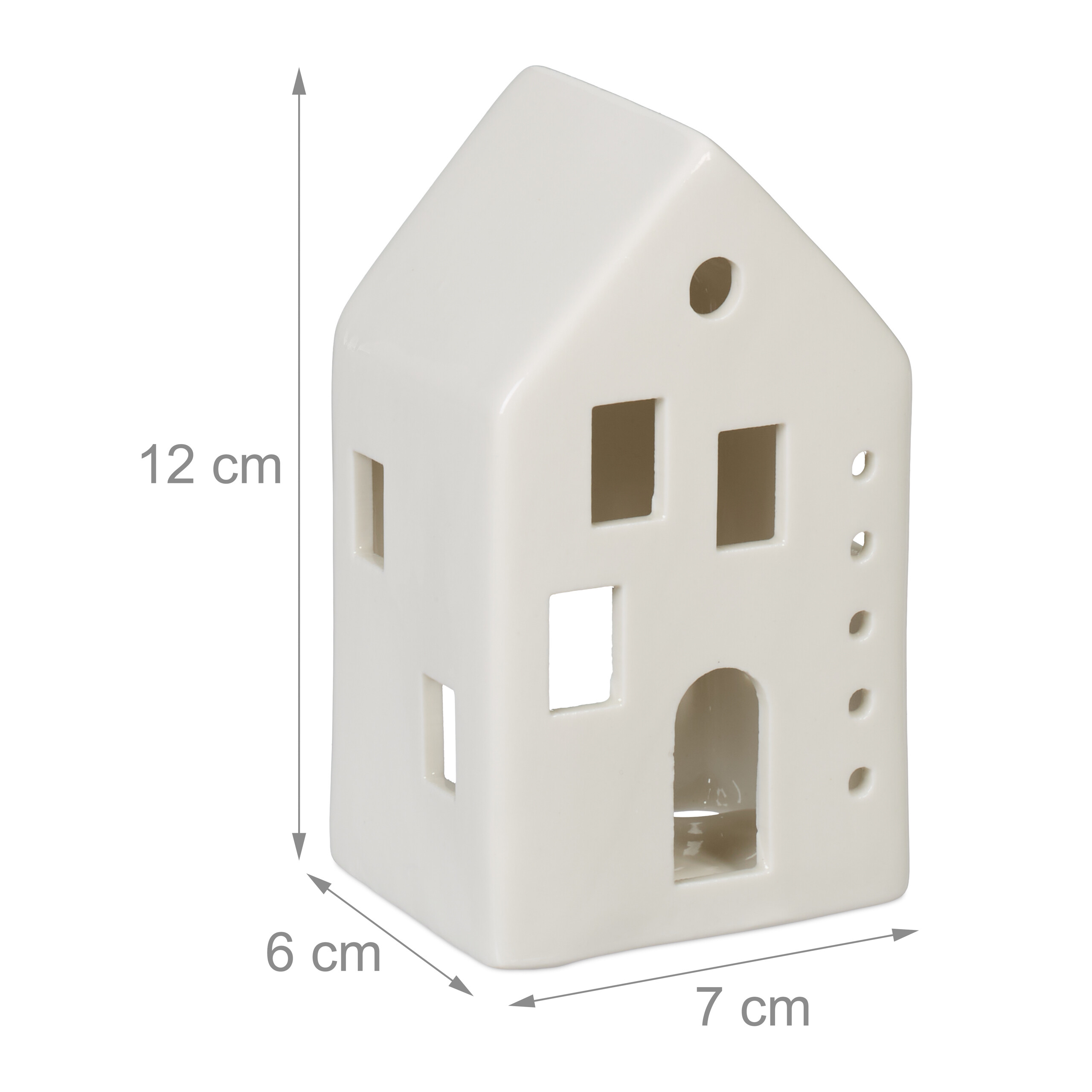 Beige Keramik-Lichterhaus mit Fenstern und Maßen von 12x7x6 cm.