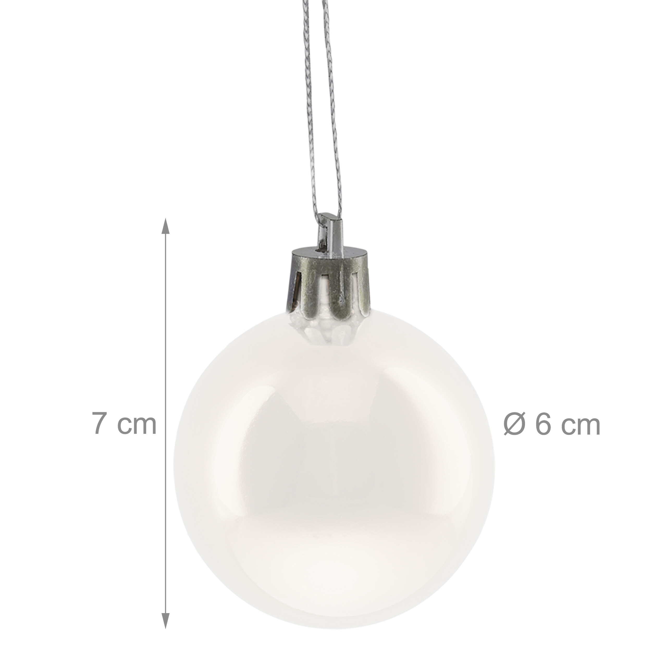 Glänzende weiße Weihnachtskugel mit silberner Kappe und Aufhänger, Maße 7 cm Höhe und 6 cm Durchmesser.