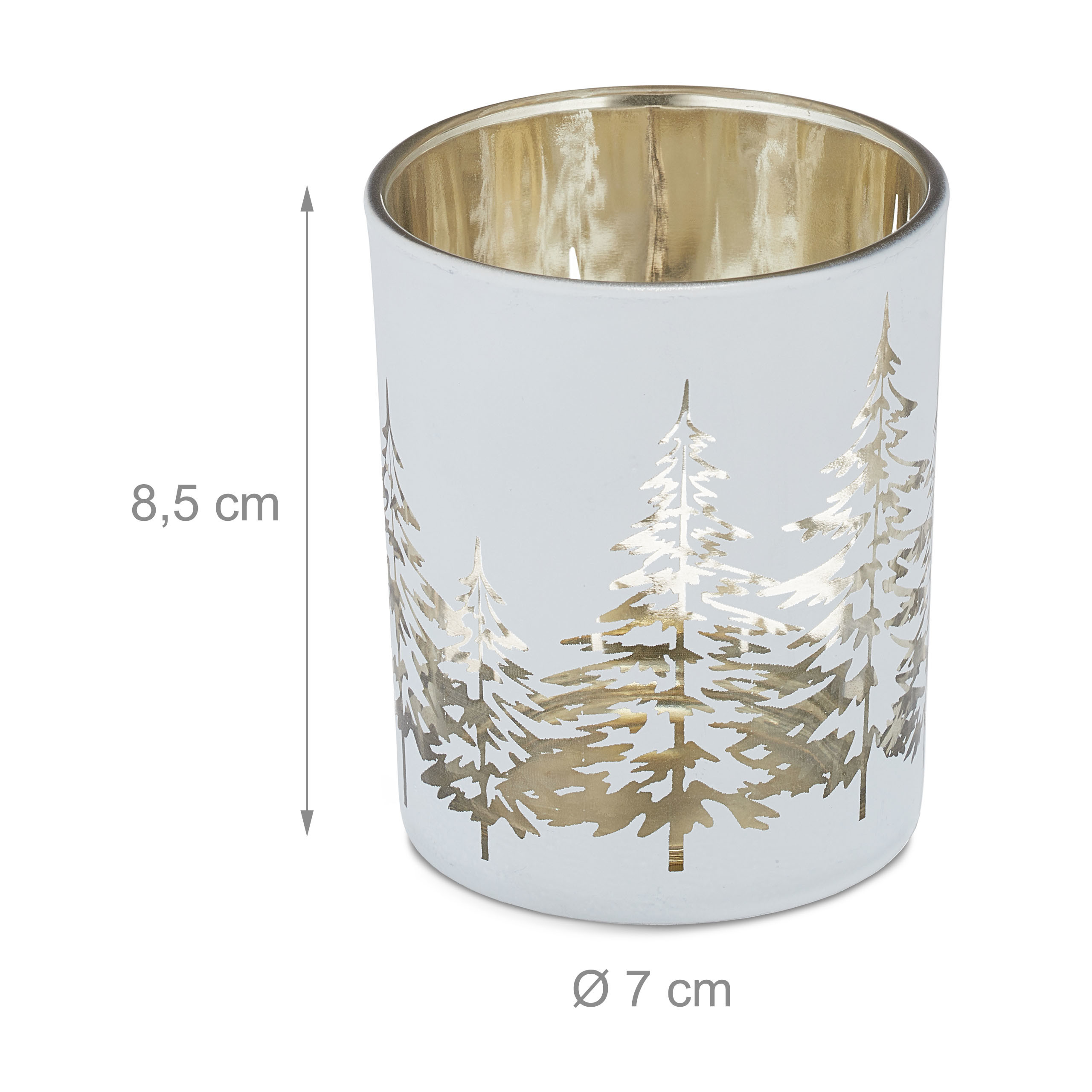 Weißer Windlichtbecher mit goldfarbenen Tannenbäumen, Höhe 8,5 cm, Durchmesser 7 cm.