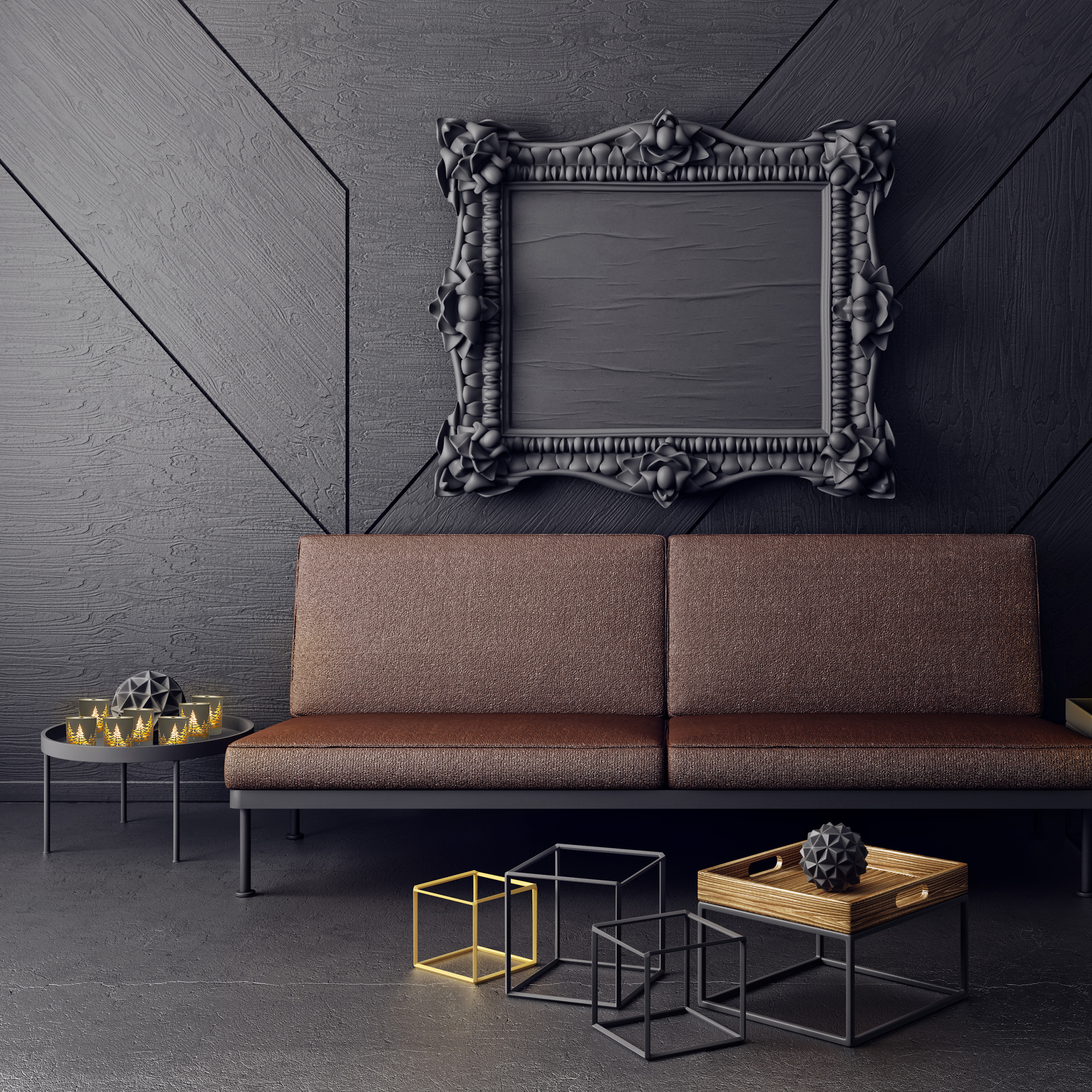 Ein braunes Sofa steht vor einer schwarzen Wand mit einem großen, verzierten Rahmen.