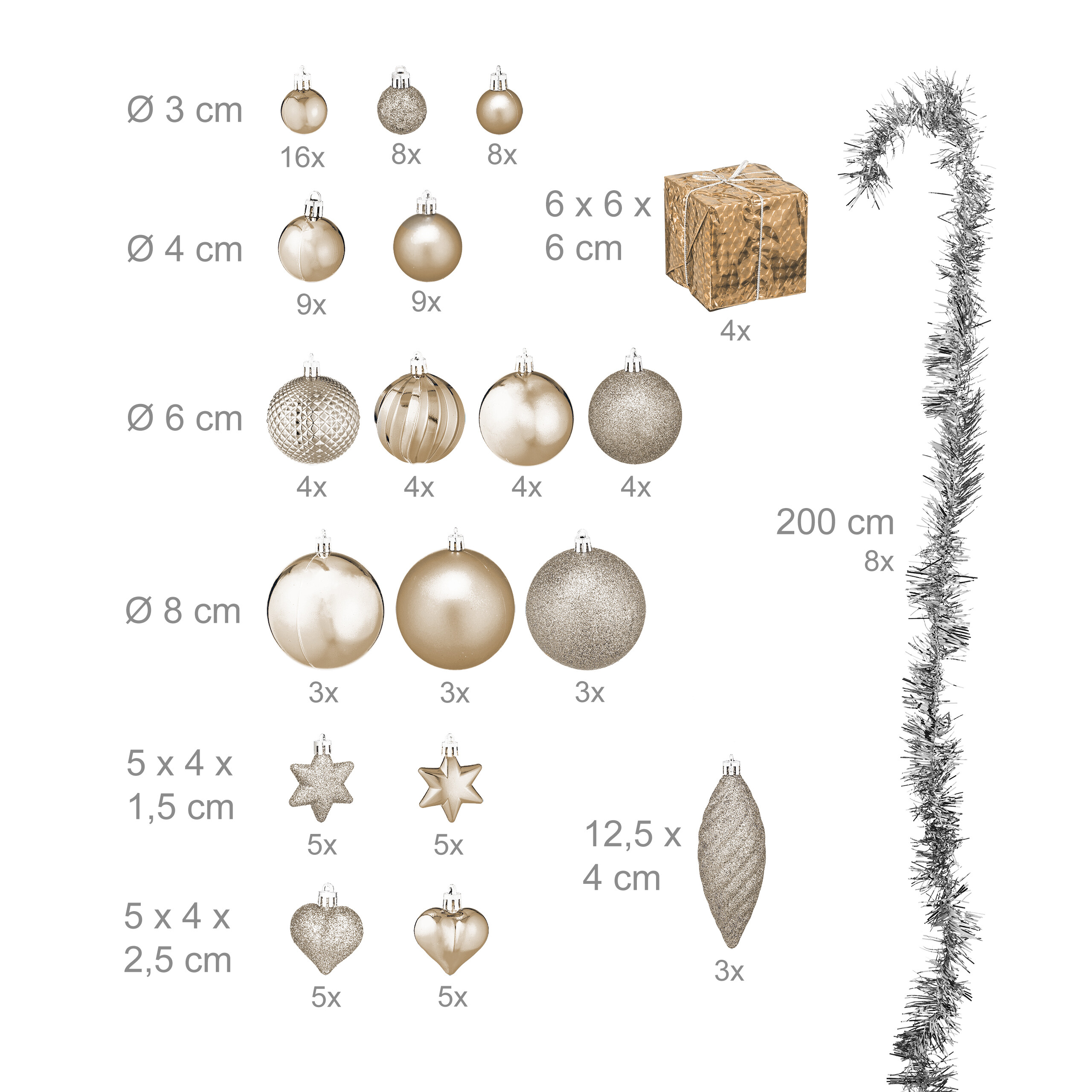 Übersicht von goldenen Weihnachtskugeln, Sternen, Geschenken und Lametta mit Maßangaben.