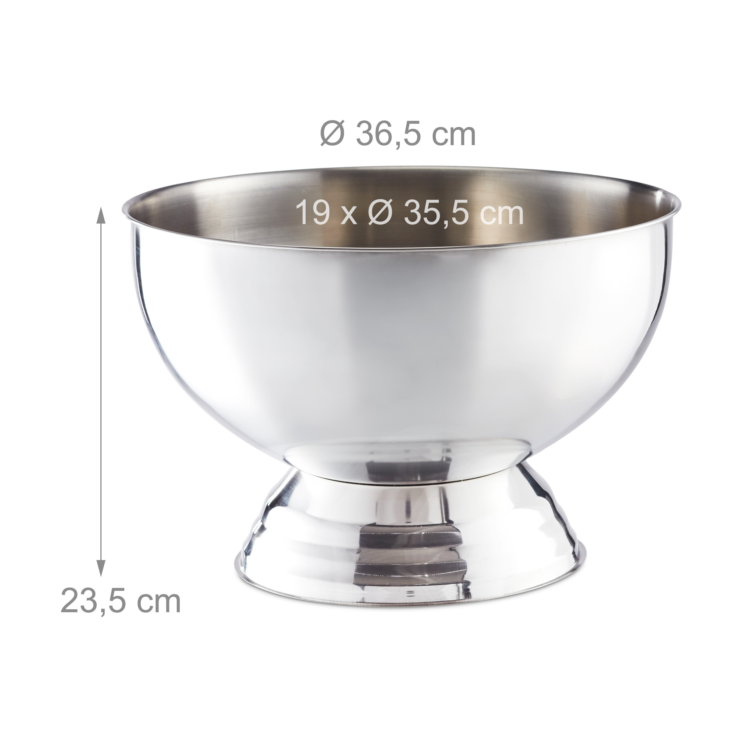 Ein glänzender Sektkühler aus Silber auf einem Fuß, mit Maßangaben für 23,5 cm Höhe und 36,5 cm Durchmesser.