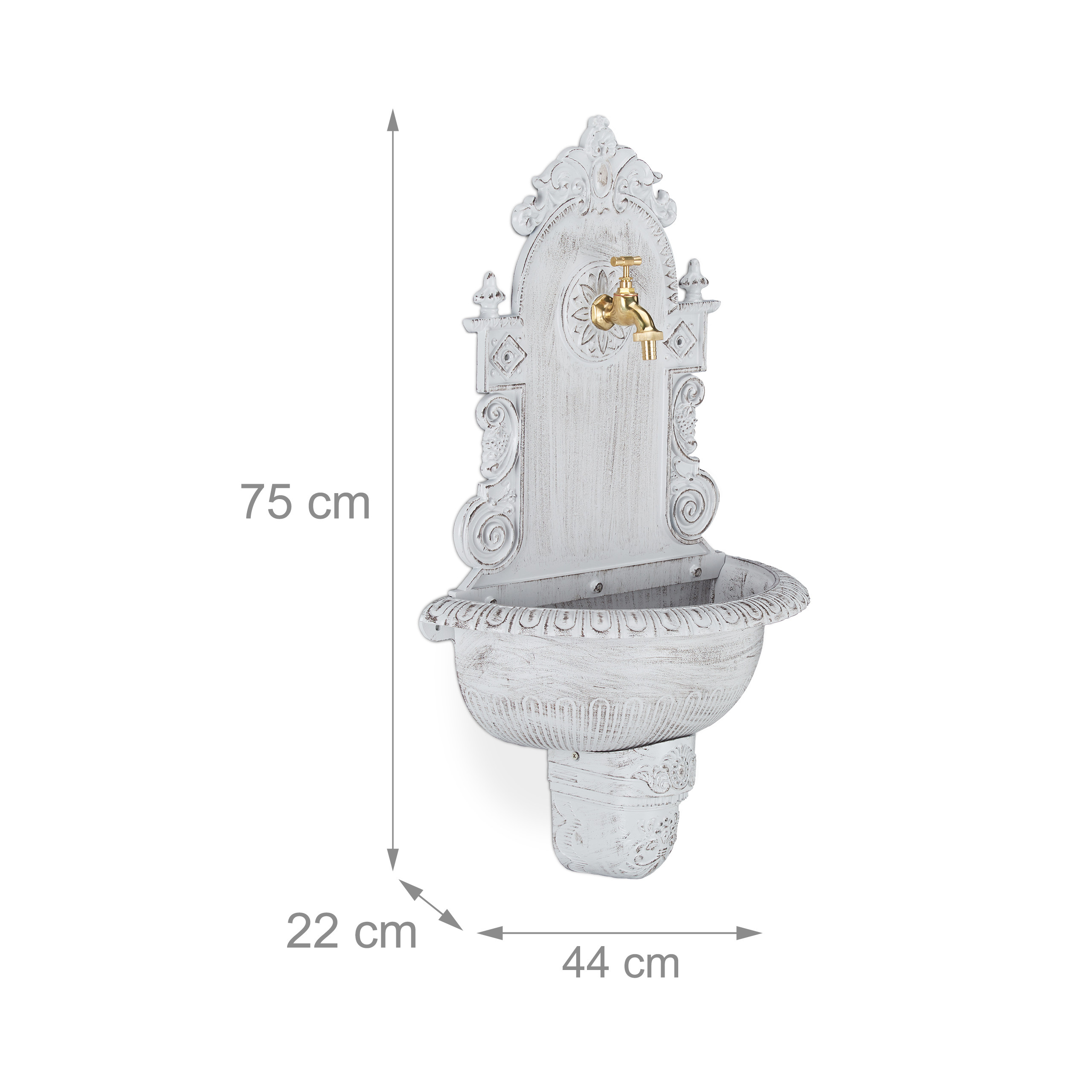 Antiker weißer Wandbrunnen mit goldenem Wasserhahn, Maße 75x44x22 cm, auf weißem Hintergrund.