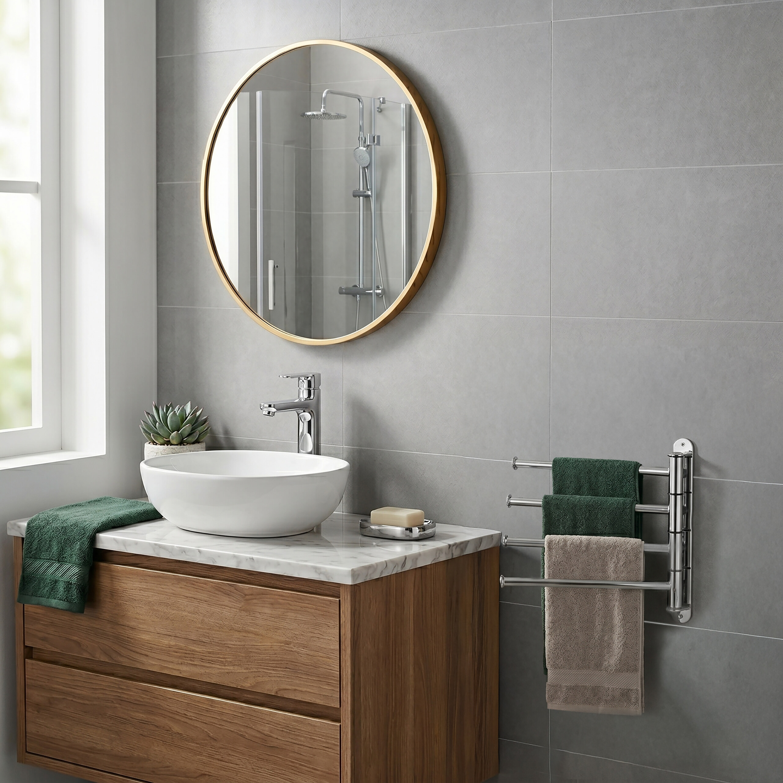 Moderne Badezimmerwaschbecken aus weißer Keramik auf Holzwaschtisch mit rundem Spiegel und grauen Fliesenwänden.