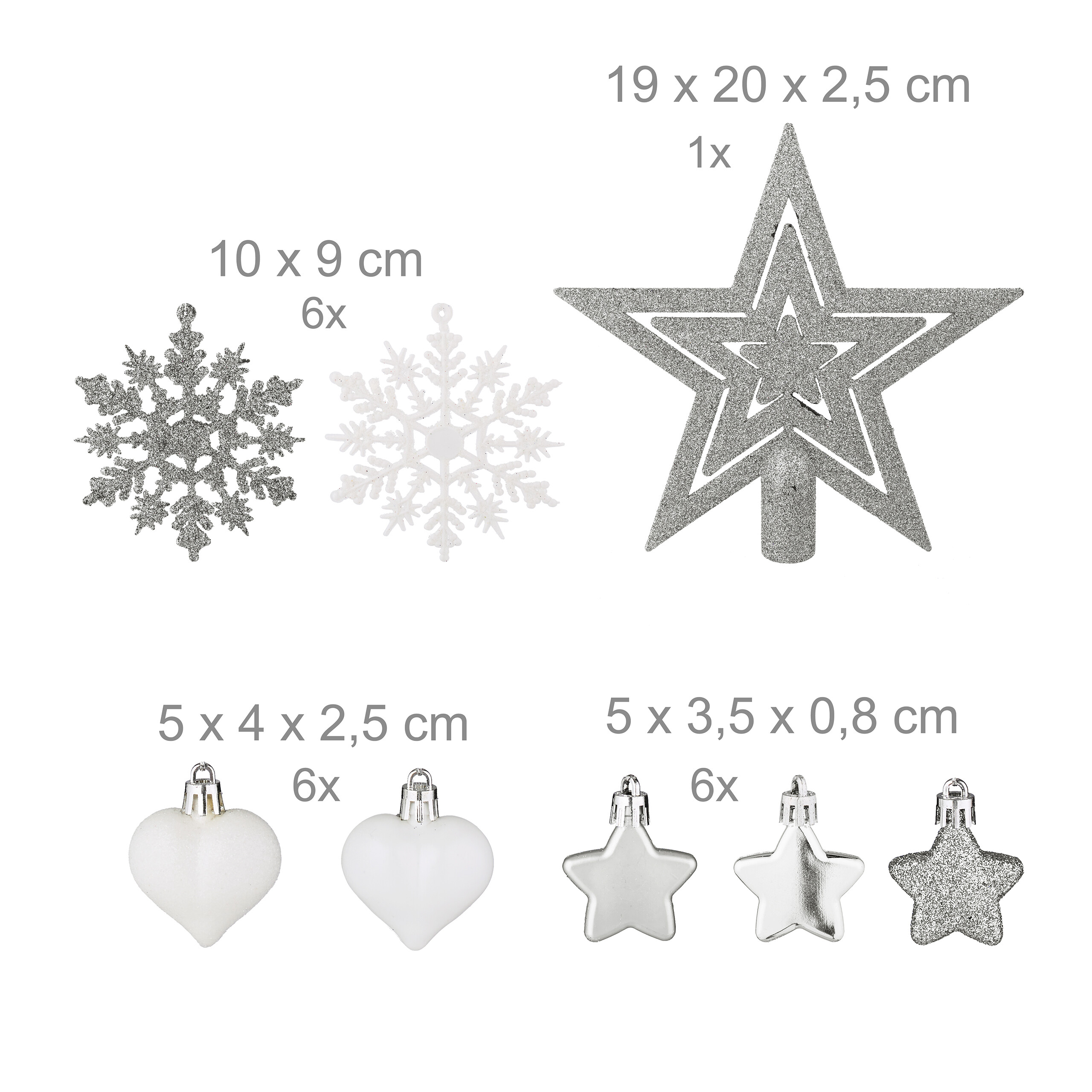 Weiße und silberne Christbaumkugeln mit Maßen und Mengen auf weißem Hintergrund.