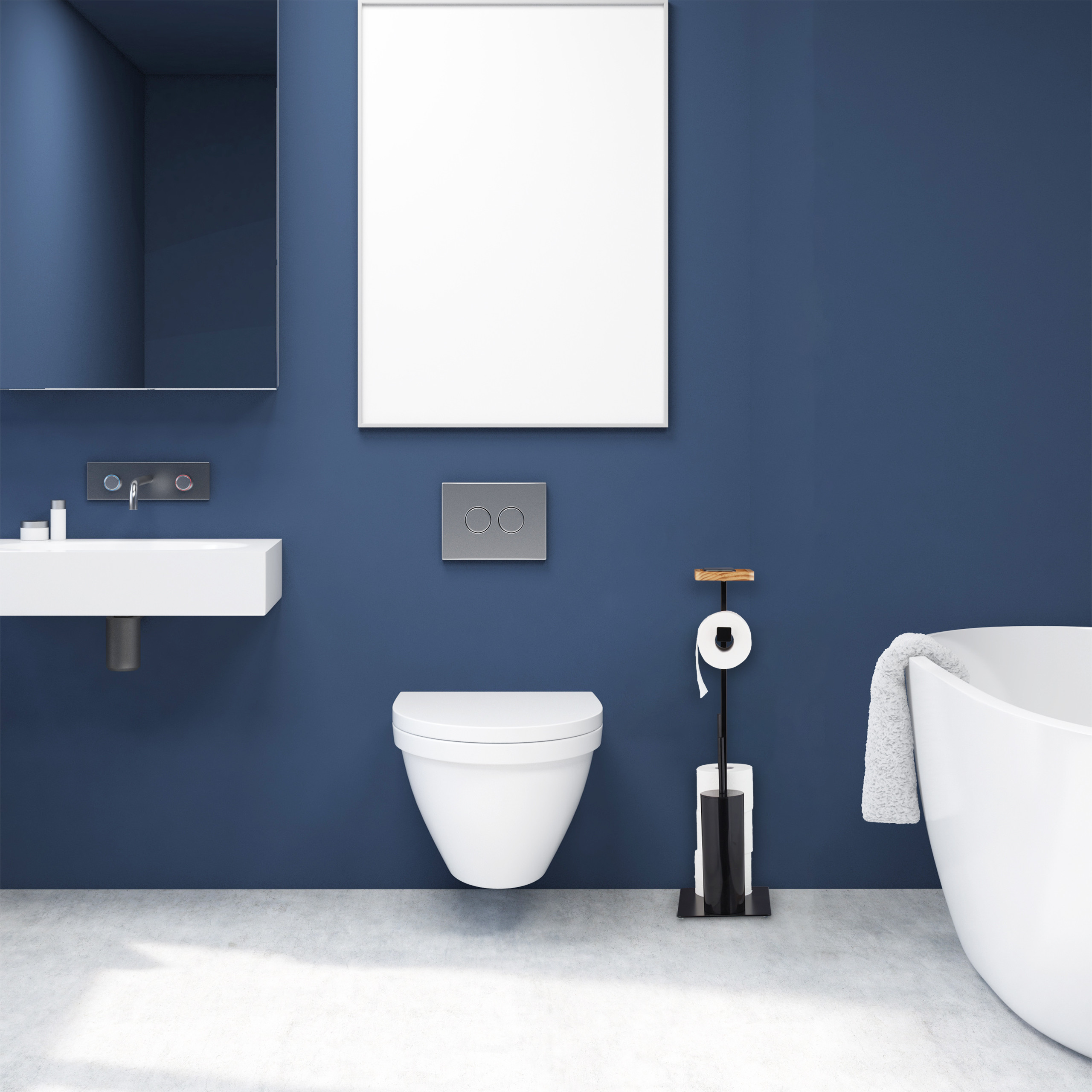 Ein modernes blaues Badezimmer hat ein weißes Waschbecken, ein WC, eine Wanne und ein großes Poster.