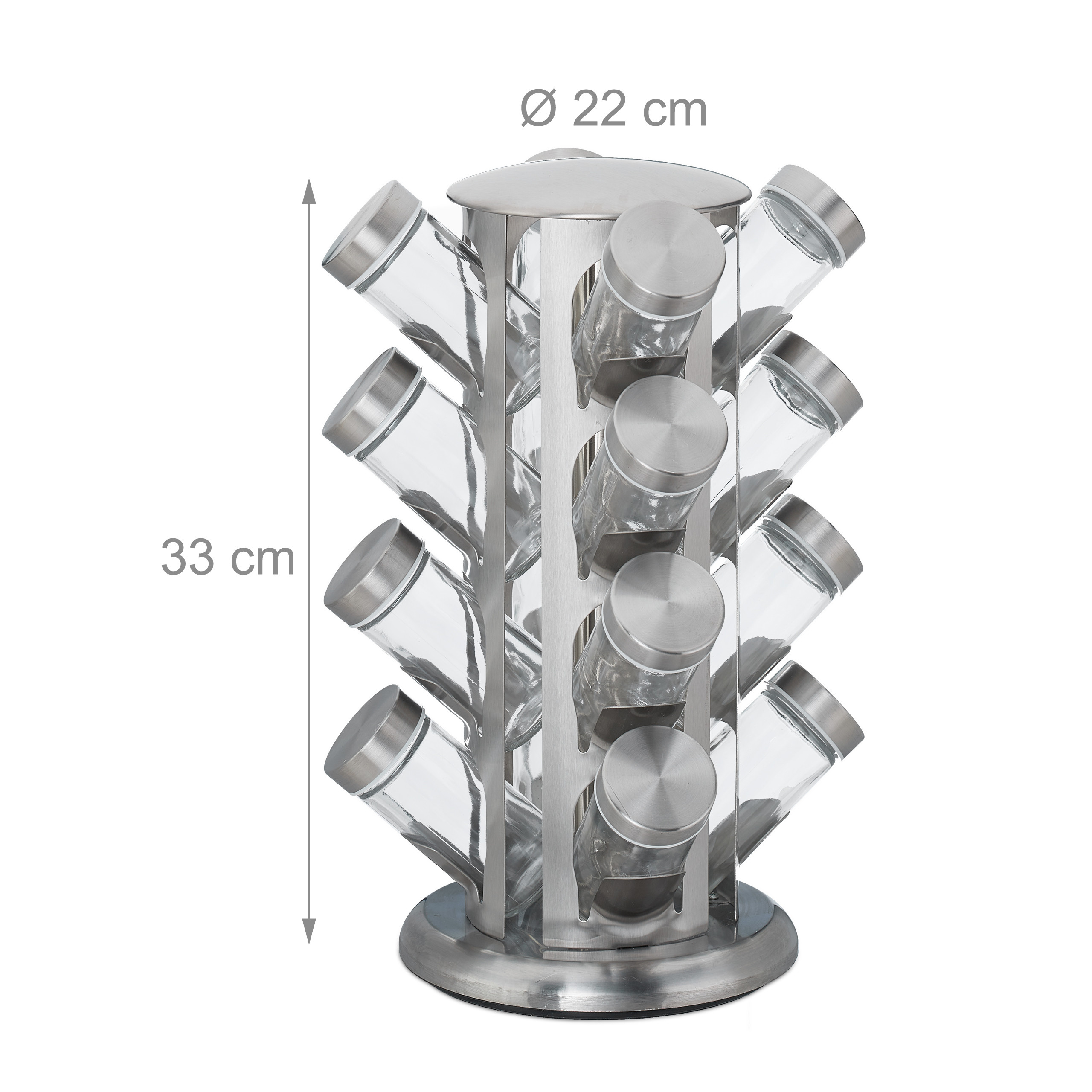 Edelstahl-Gewürzregal mit sechzehn Glasbehältern, 33 cm hoch und 22 cm im Durchmesser.