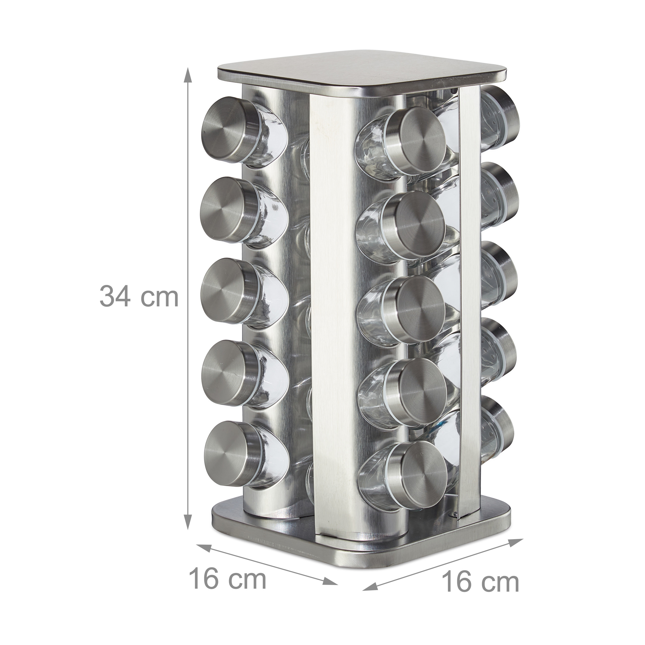 Ein rotierender Edelstahl-Gewürzregal mit 16 Glasbehältern und Abmessungen von 34 x 16 x 16 cm.