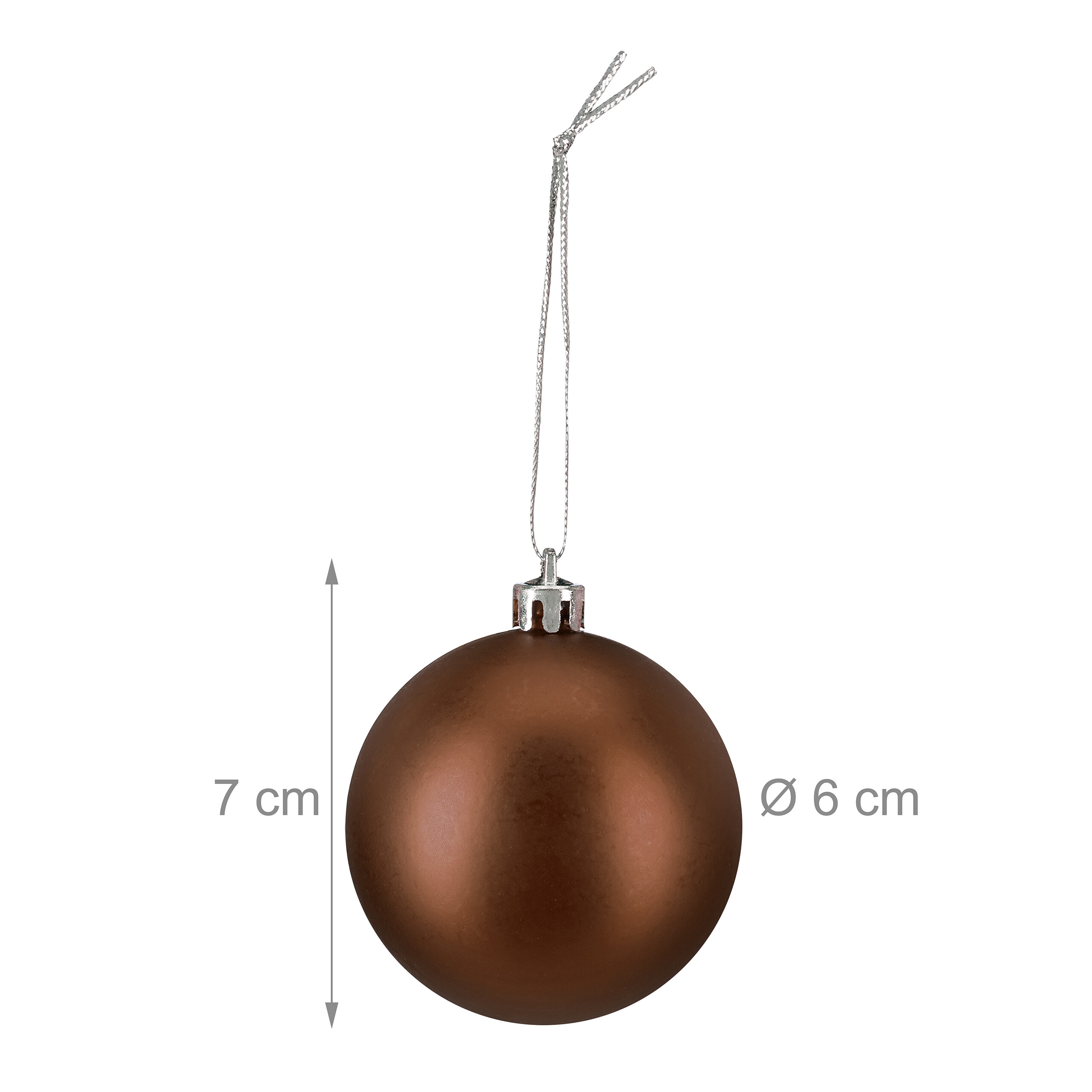Eine matte braune Weihnachtskugel mit silberner Aufhängung, 7 cm hoch und 6 cm im Durchmesser.