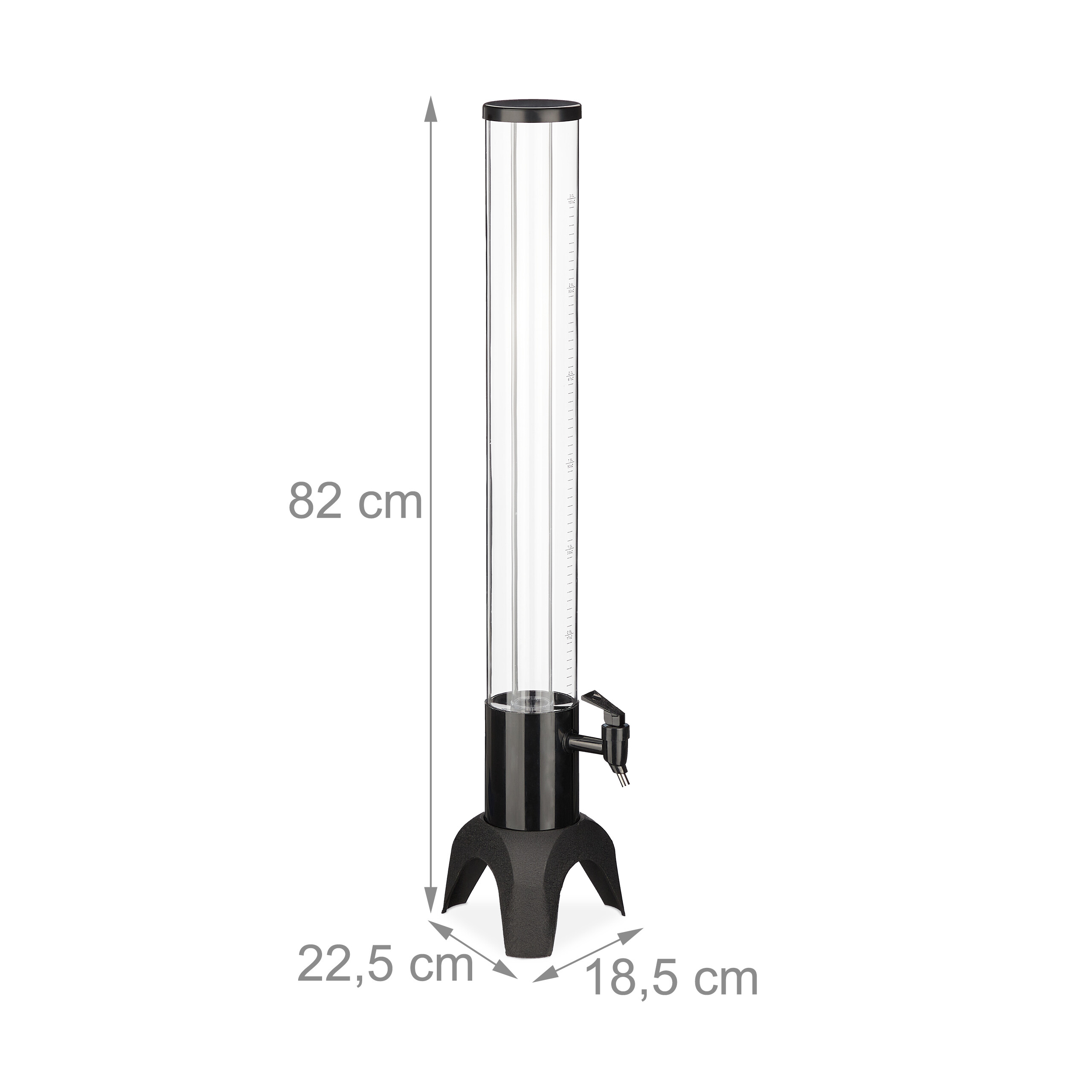 Getränkesäule mit Maßen: 82 cm Höhe, Basis 22,5x18,5 cm, schwarzer Ständer und Zapfhahn.