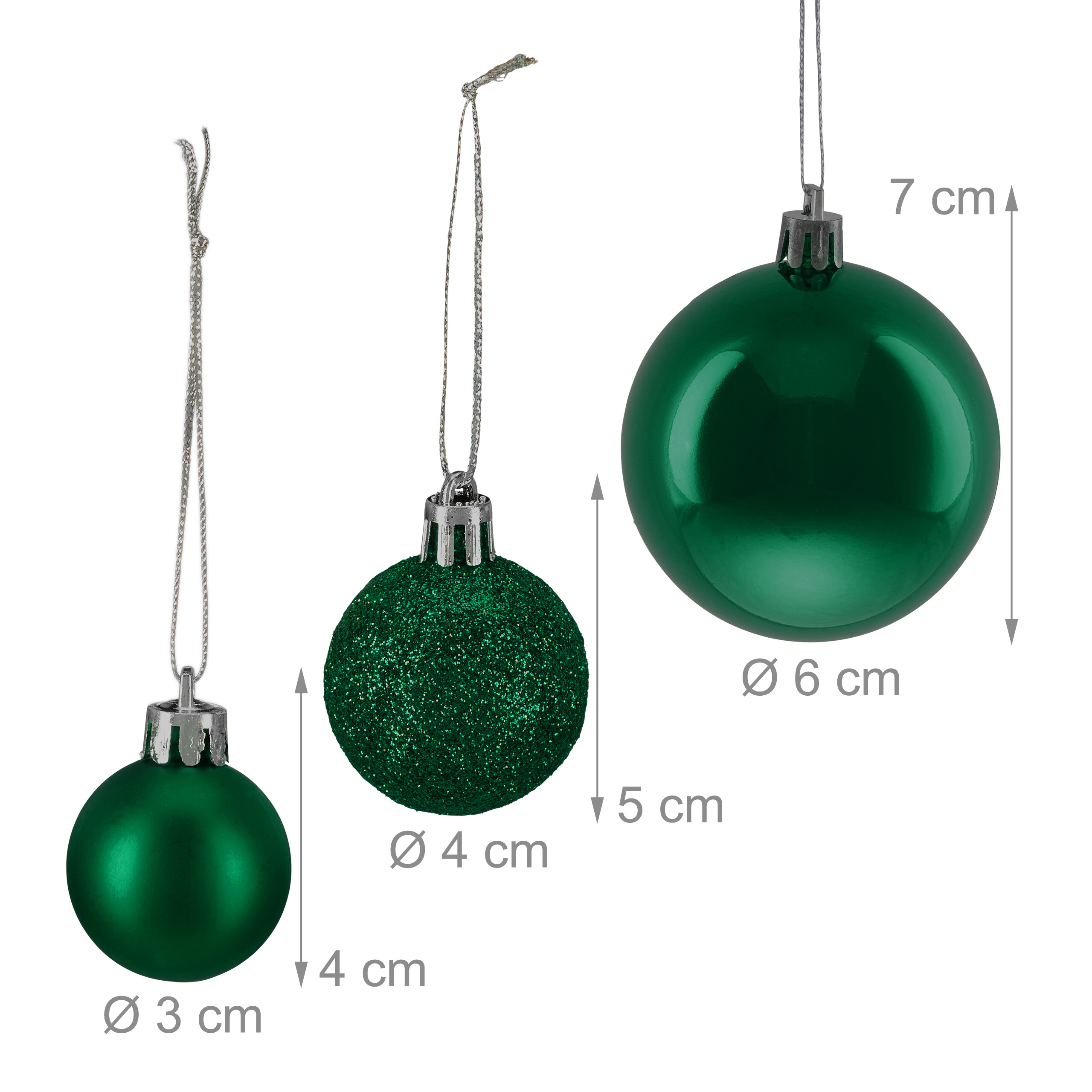 Drei grüne Weihnachtskugeln in verschiedenen Größen mit Aufhängekordeln und Maßangaben in Zentimetern.