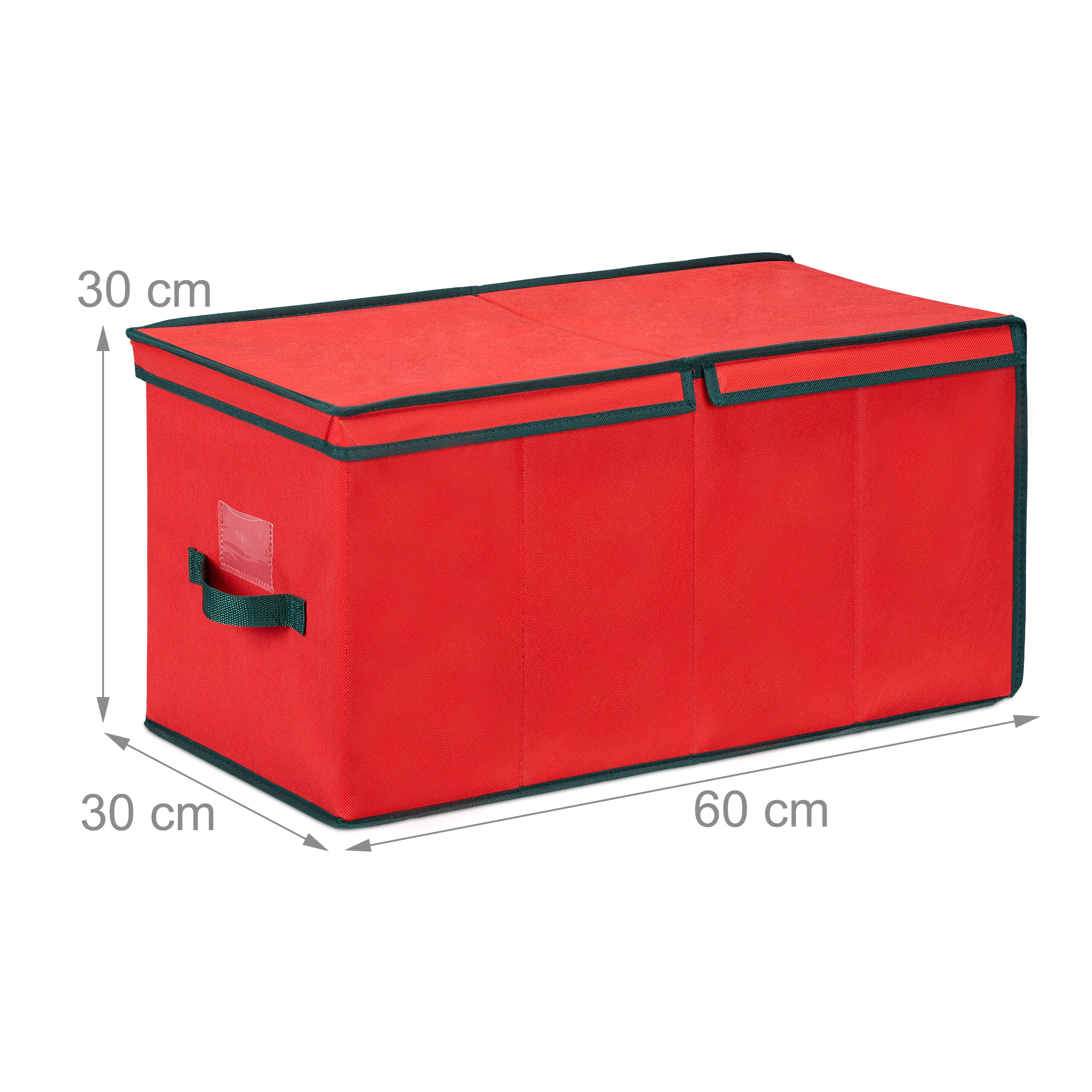 Rote Faltbox mit grünen Kanten und Griff, Maße 60x30x30 cm.