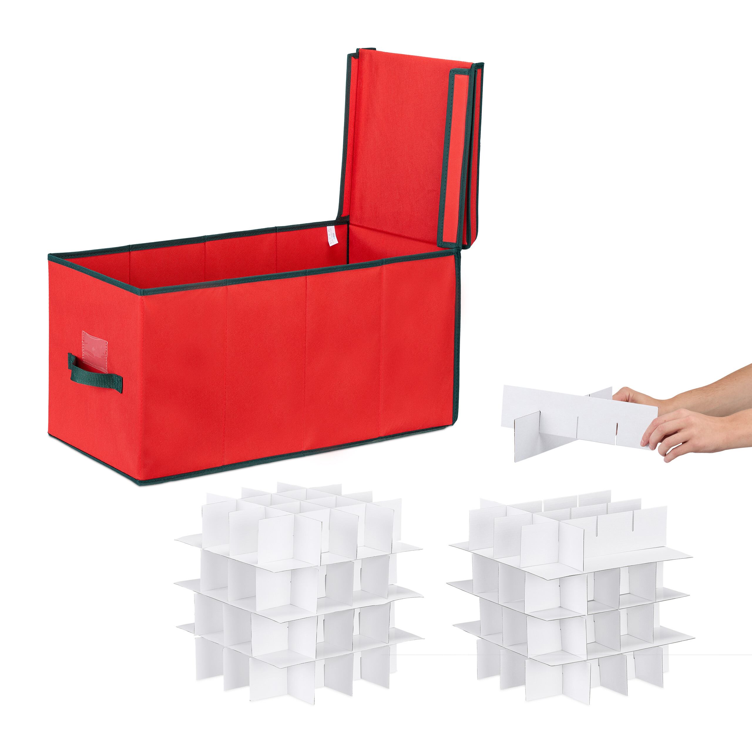 Rote Aufbewahrungsbox mit grünem Rand, offenem Deckel und weißen Kartonteilern.