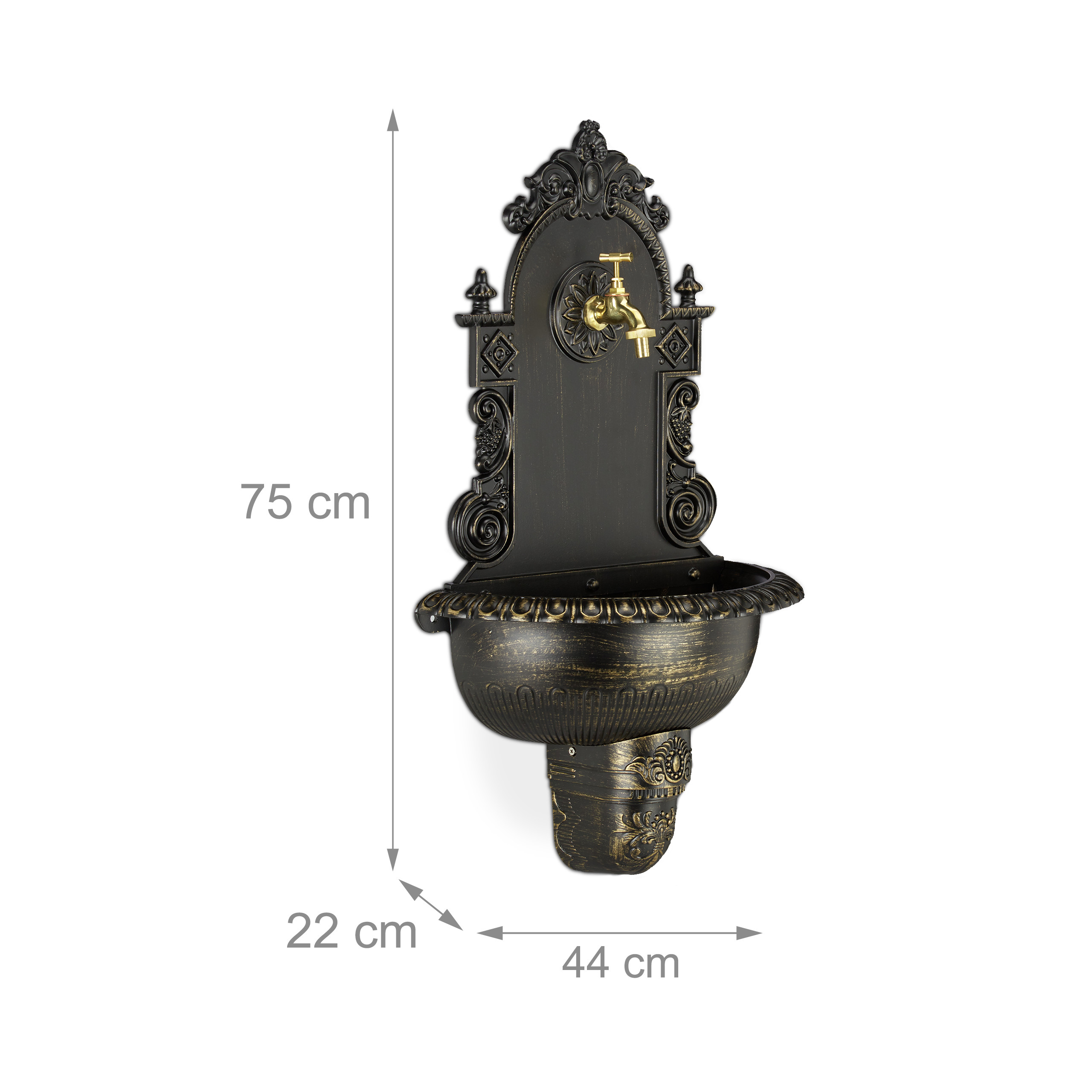 Verzierter schwarz-goldener Wandbrunnen mit Messing-Wasserhahn, inklusive Höhen-, Breiten- und Tiefenmaßen.
