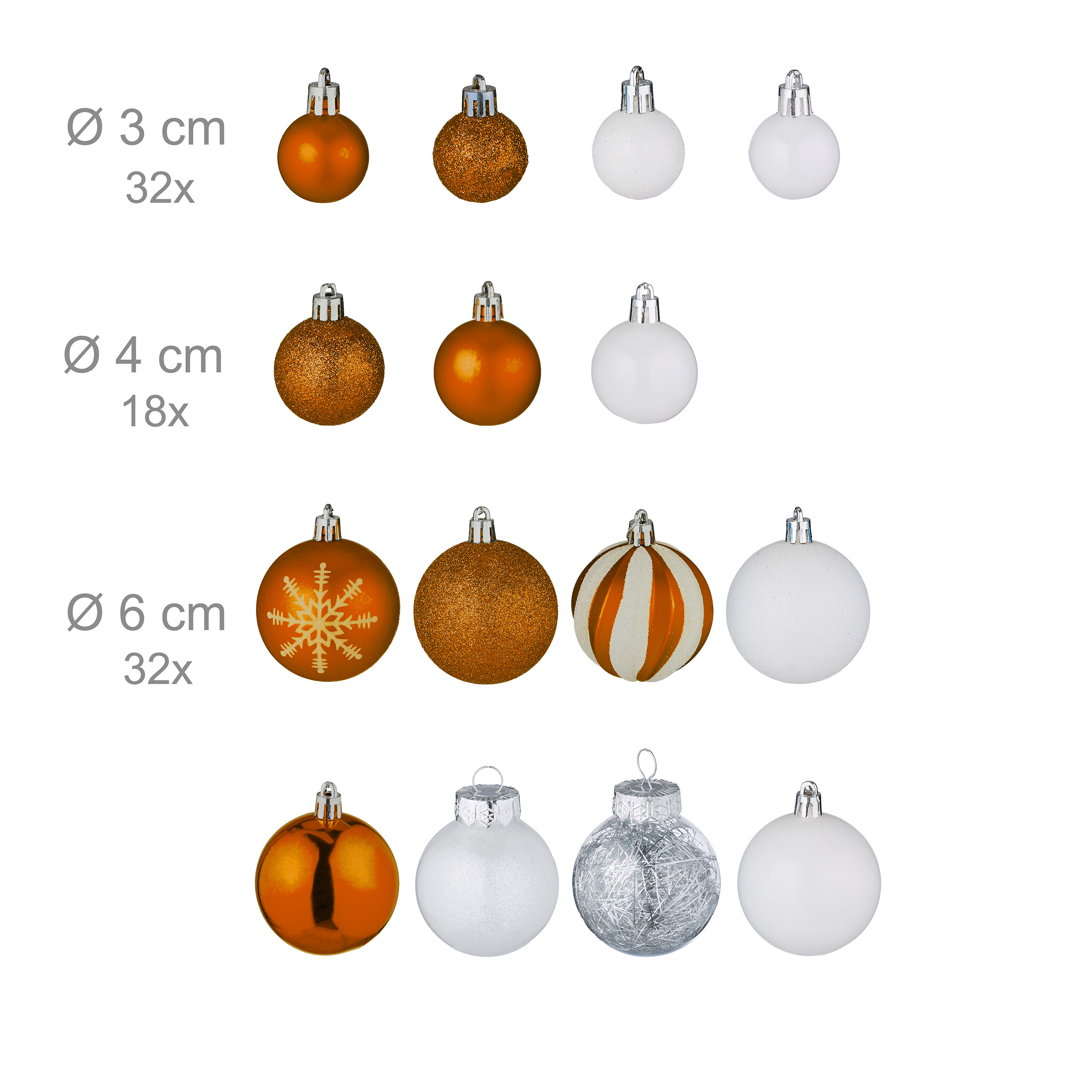 Verschiedene Weihnachtskugeln in den Größen 3 cm, 4 cm und 6 cm in den Farben Orange, Weiß und Silber auf weißem Grund.