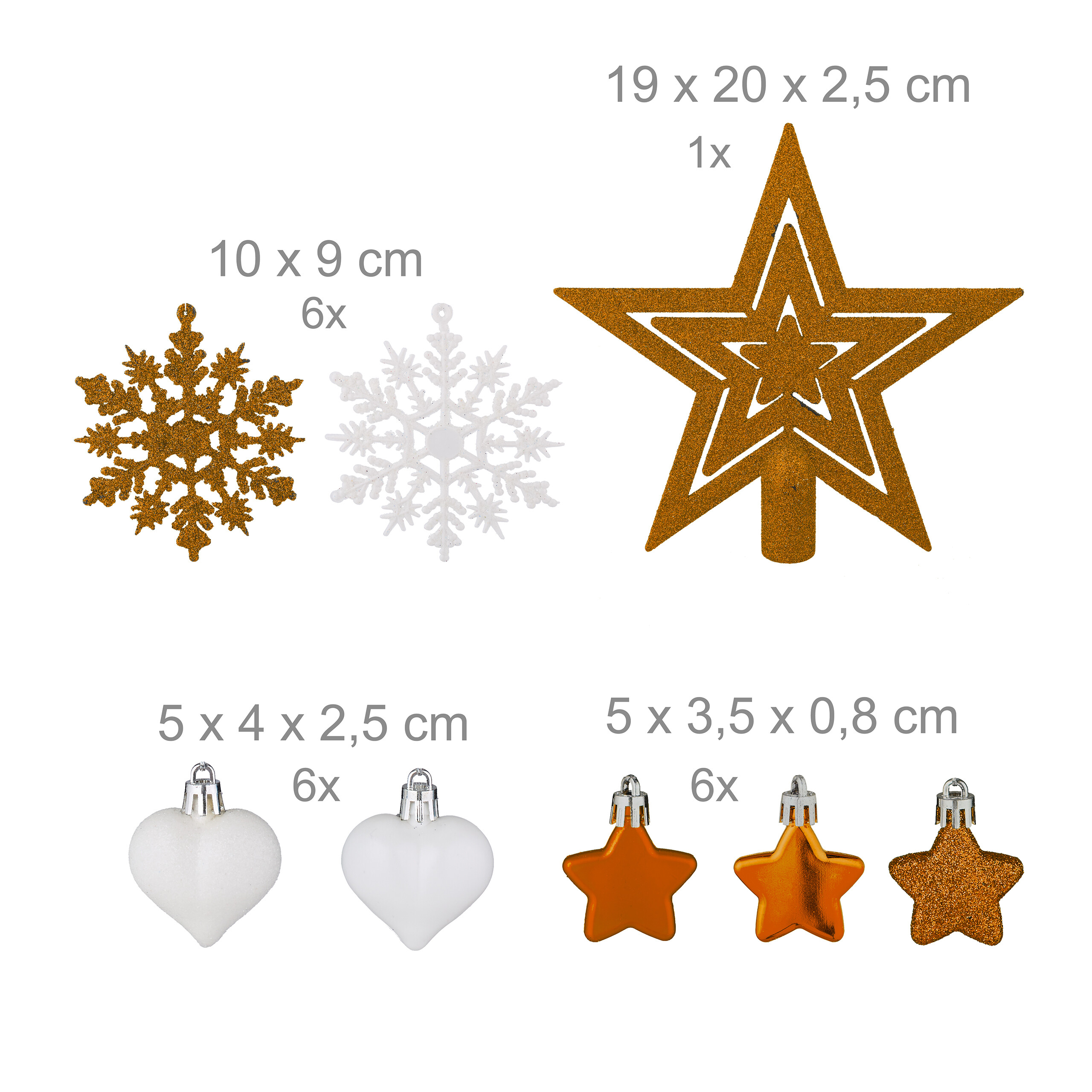 Weihnachtsschmuck-Set mit goldenen Sternen, weißen Schneeflocken und Herzen sowie Größenangaben.