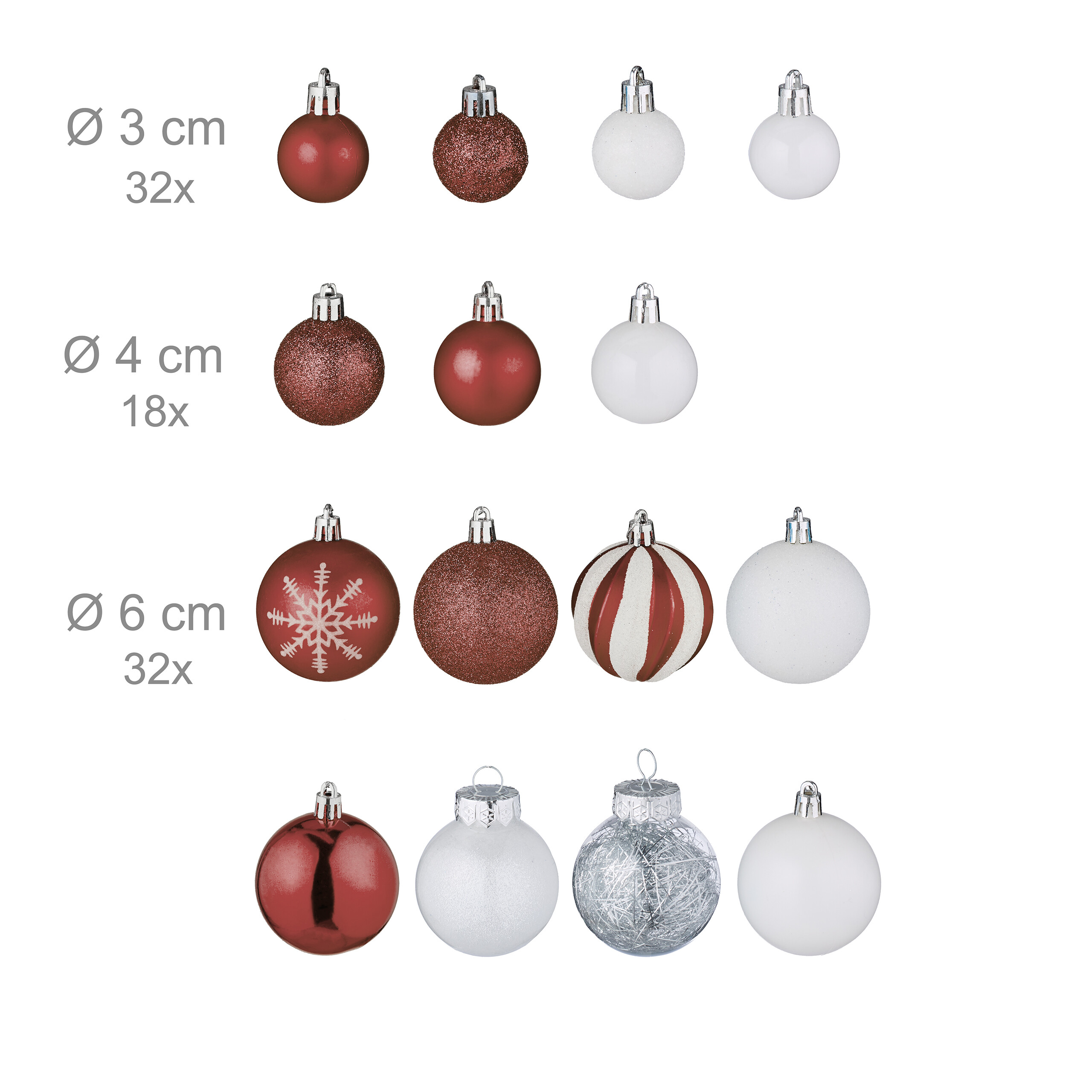 Set aus roten und weißen Weihnachtskugeln in verschiedenen Größen und Ausführungen.