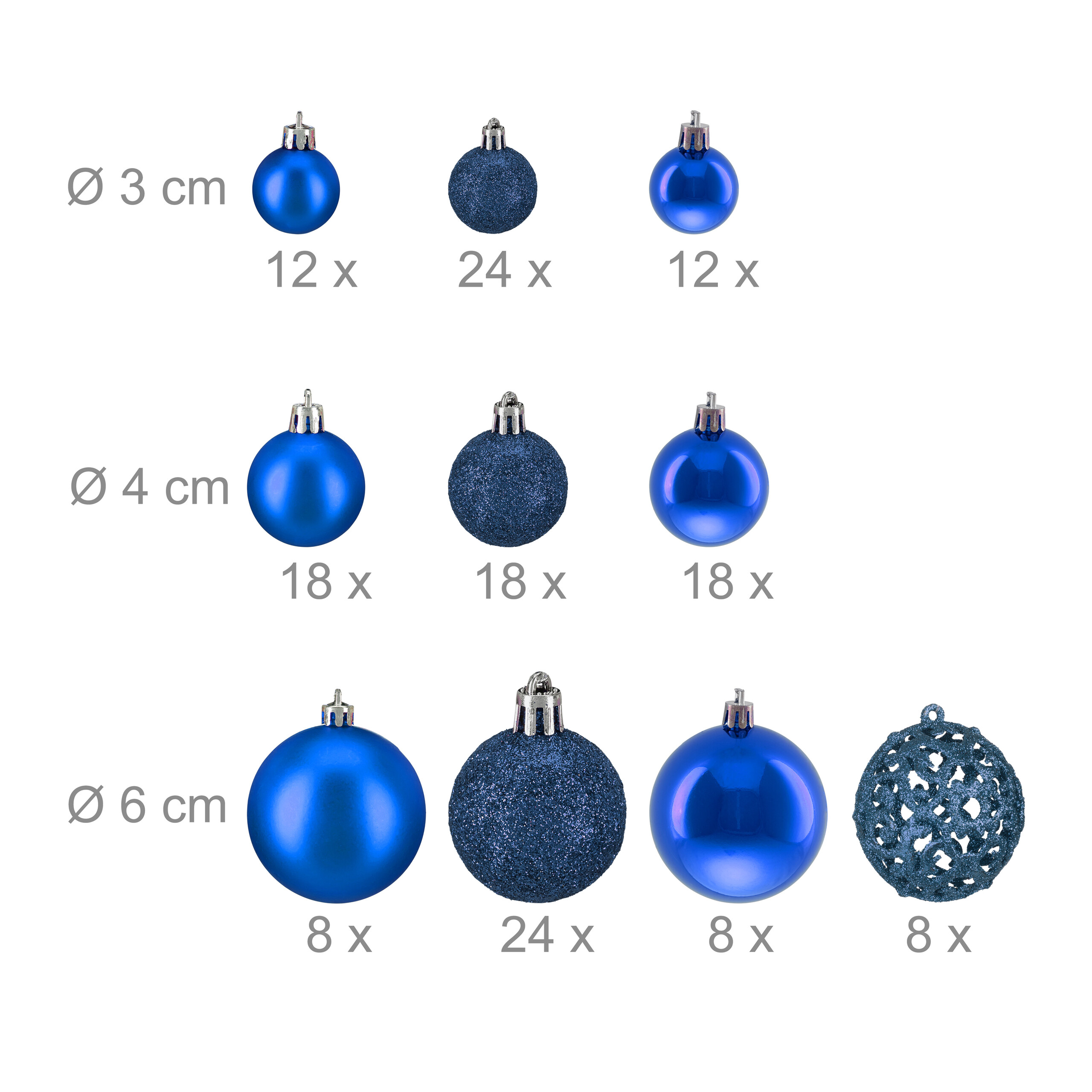 Blaue Weihnachtskugeln in verschiedenen Größen und Ausführungen mit Mengenangaben auf weißem Grund.