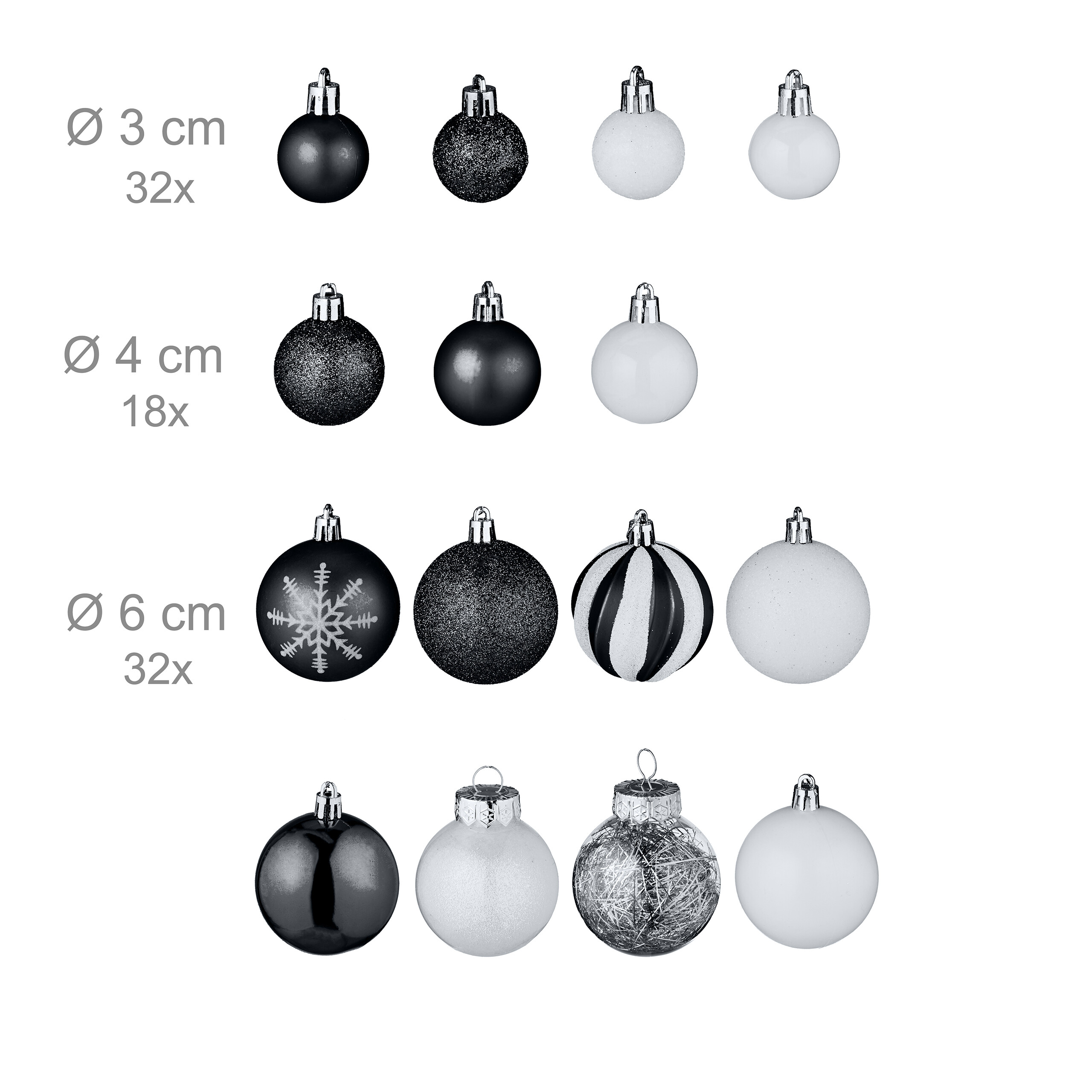 Verschiedene schwarze und weiße Weihnachtskugeln in verschiedenen Größen mit Textgrößenangaben.
