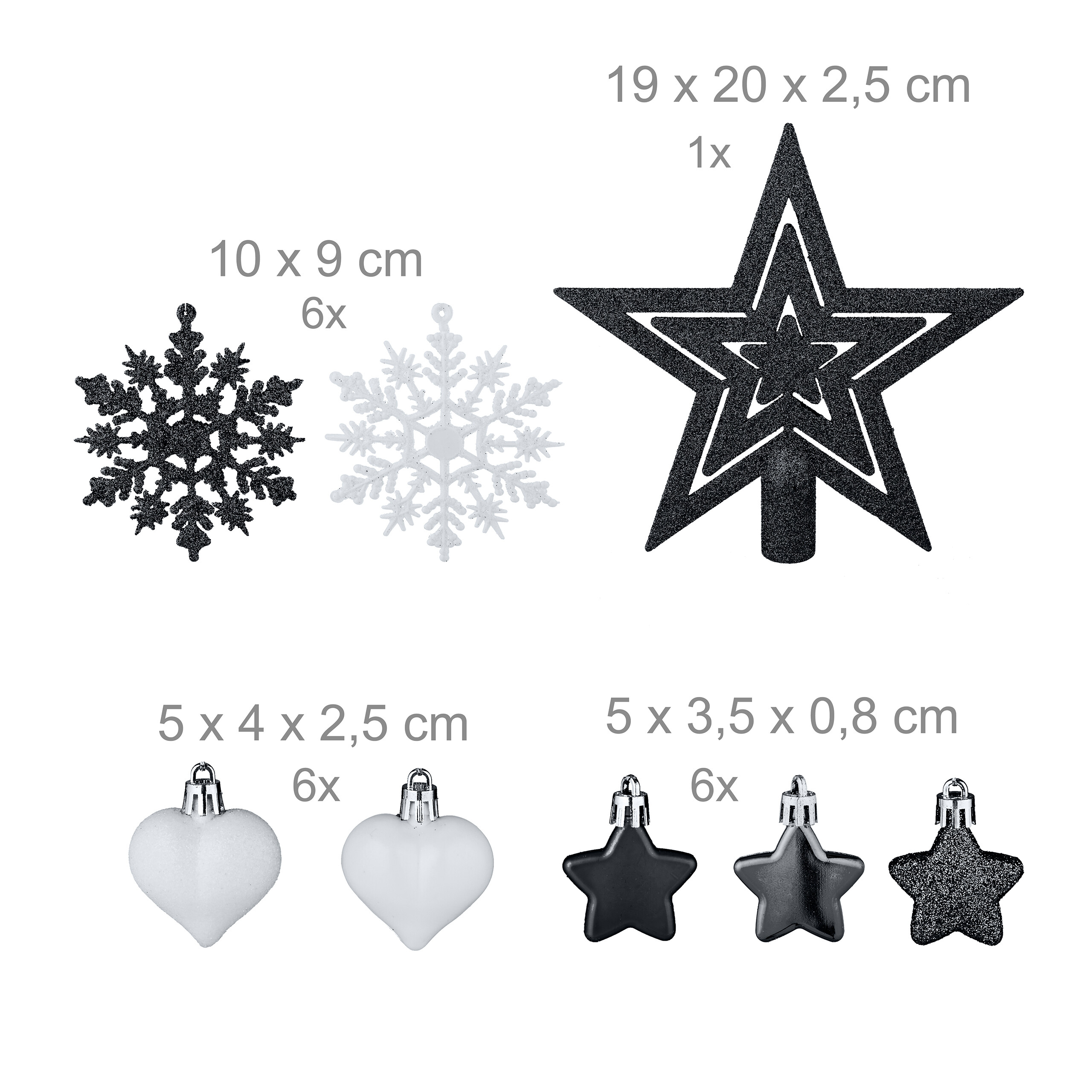 Set mit Weihnachtsbaumschmuck aus schwarzen und weißen Sternen, Schneeflocken und Herzen mit Maßen.