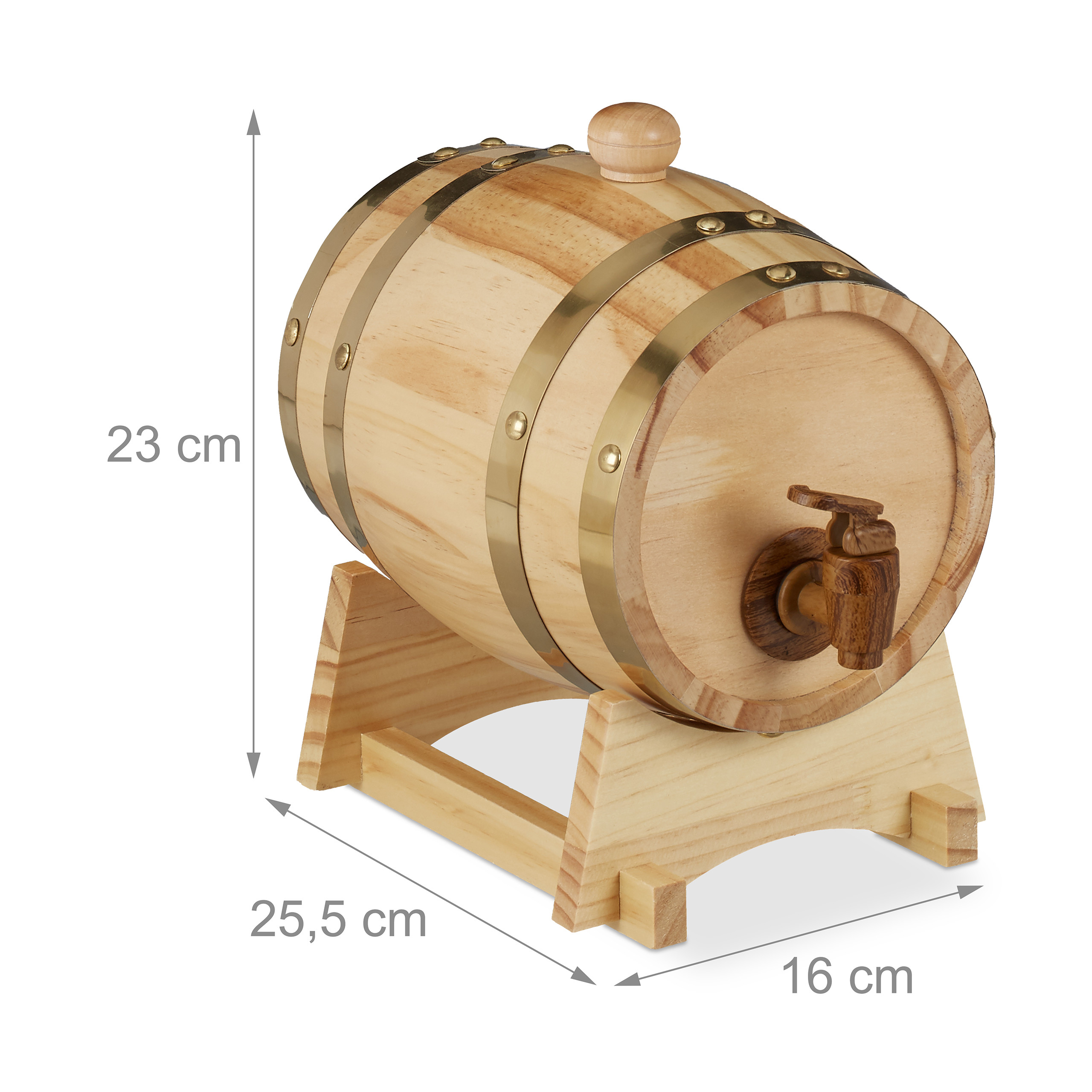 Ein Holzfass mit Messingreifen und Zapfhahn auf Ständer mit Maßen 23cm, 25,5cm und 16cm.