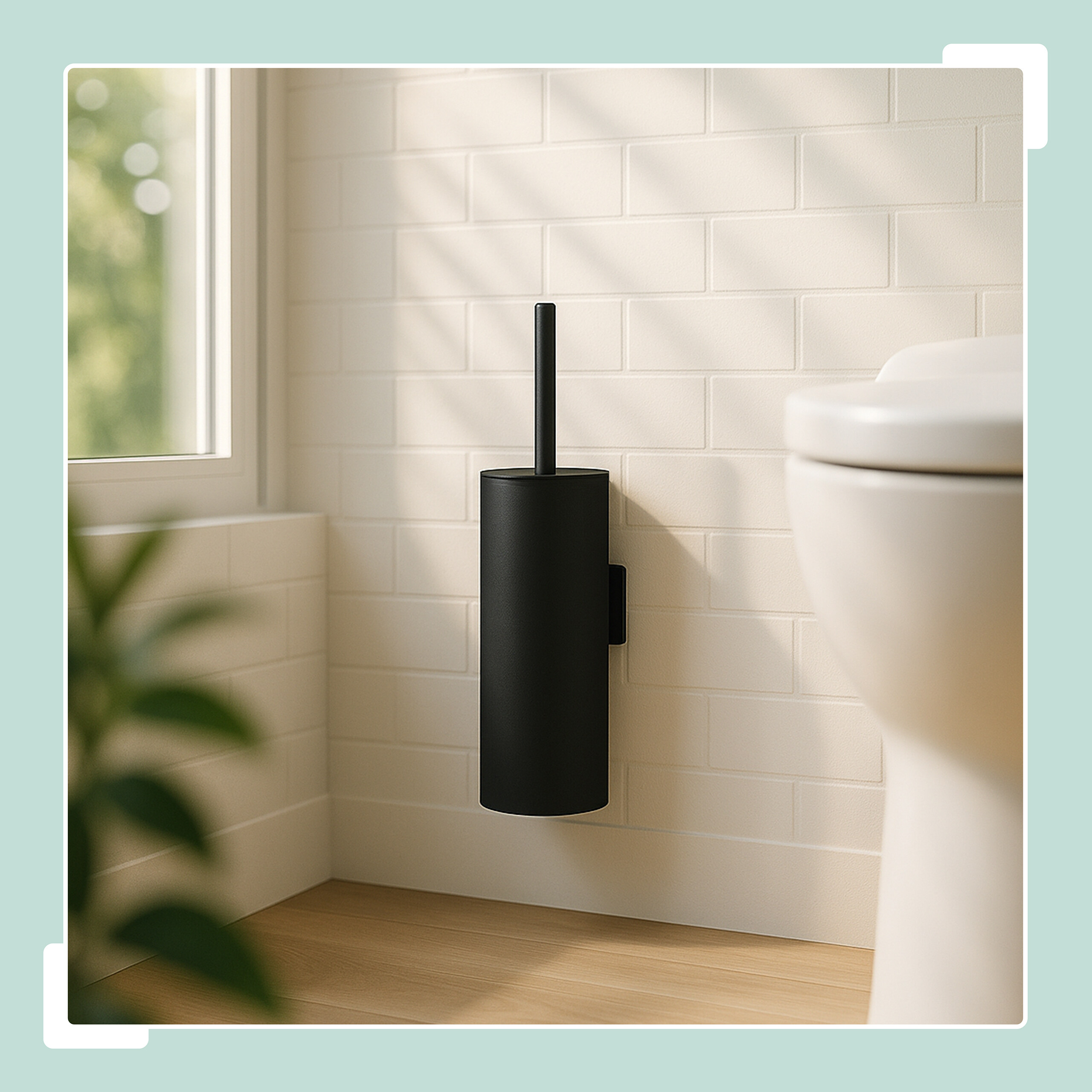 Eine schwarze Toilettenbürste hängt an einer hellen Kachelwand in einem modernen Badezimmer.