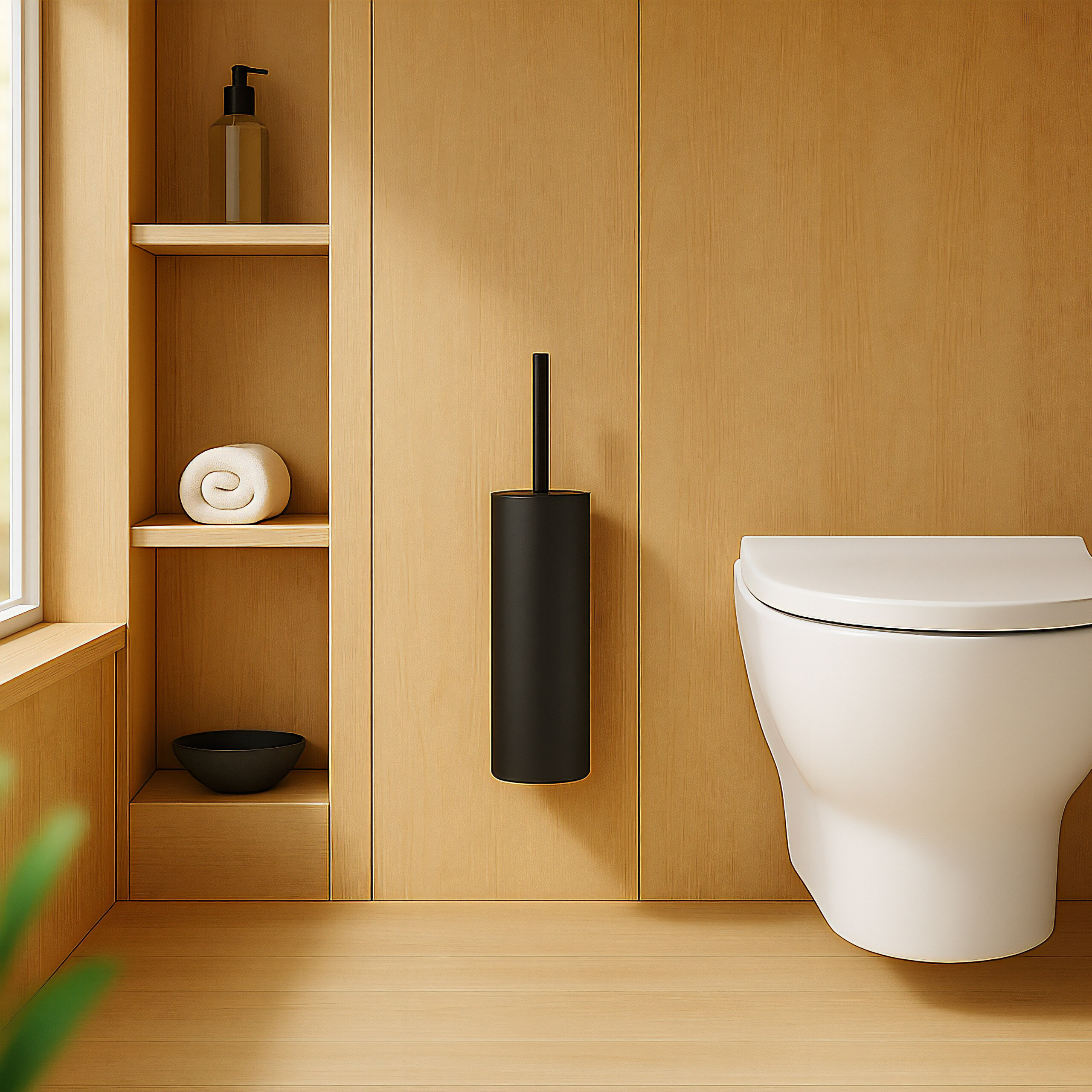 Moderne Toilette mit Holzwand, schwarzer Klobürste und Regalen mit Seife, Handtuch und Schale.