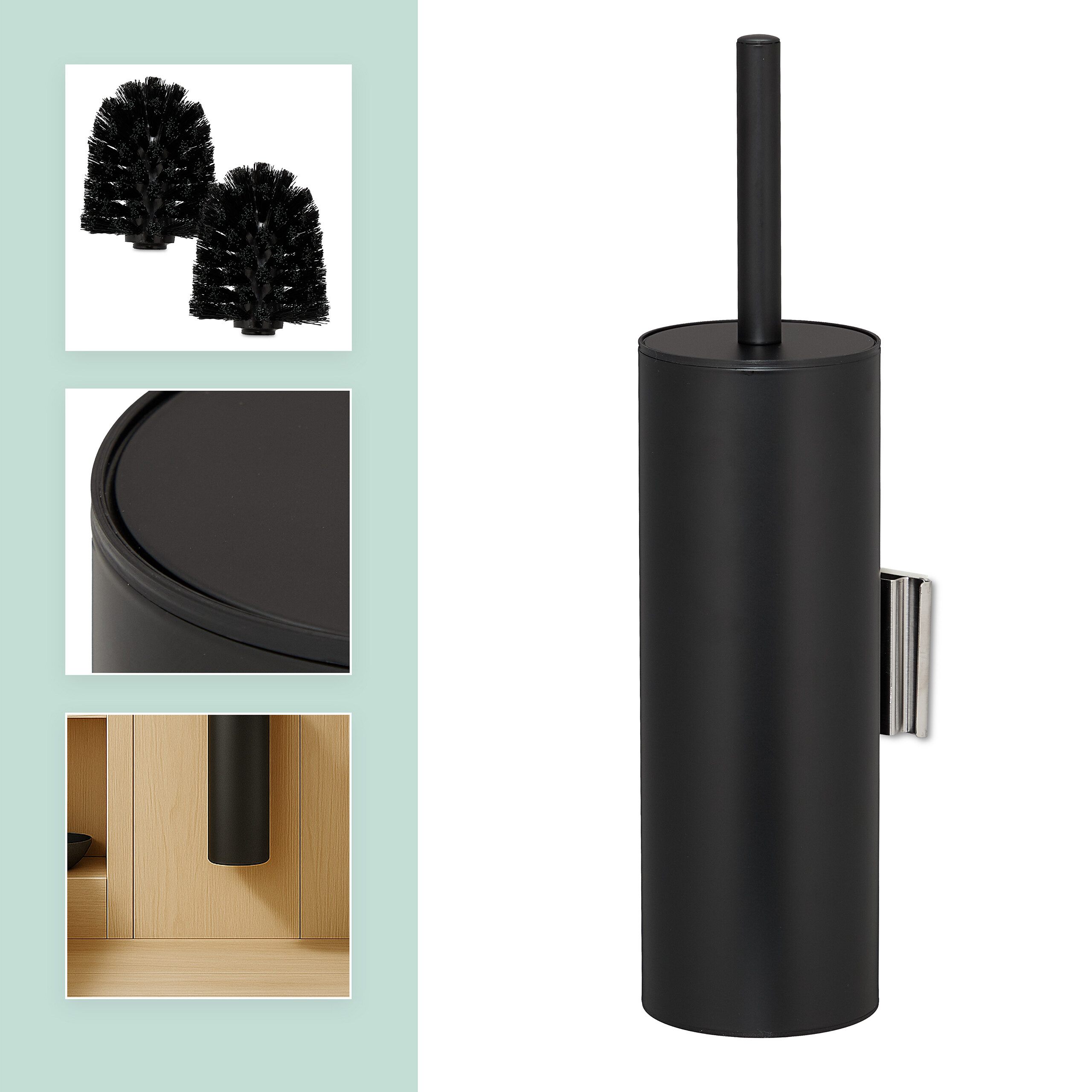 Schwarze Toilettenbürste mit Wandhalterung und Details zu Bürstenköpfen und Montage.