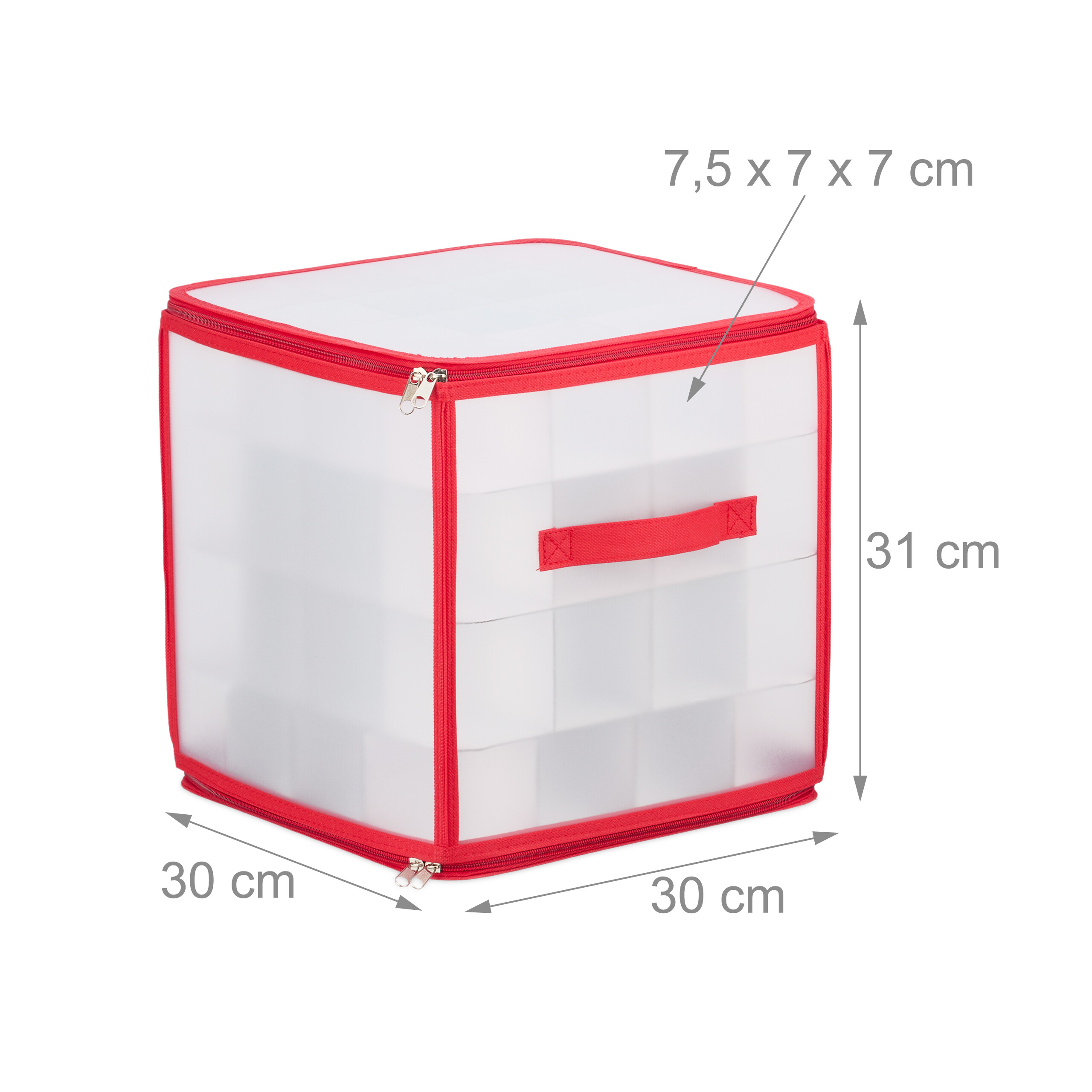Transparente Aufbewahrungsbox mit rotem Rand und Griff, Maße 30x30x31 cm.