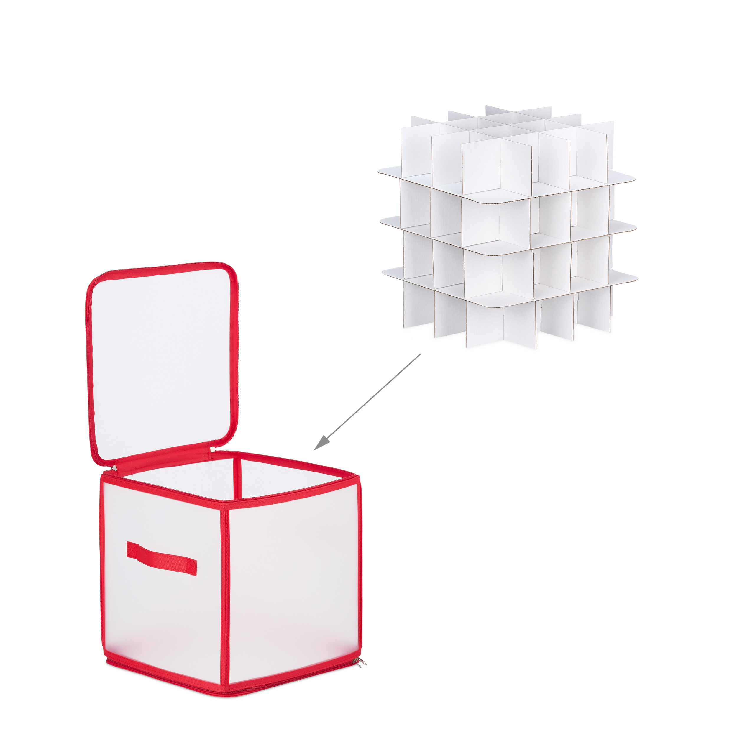 Transparente Aufbewahrungsbox mit rotem Rand und einem Kartonteiler daneben.