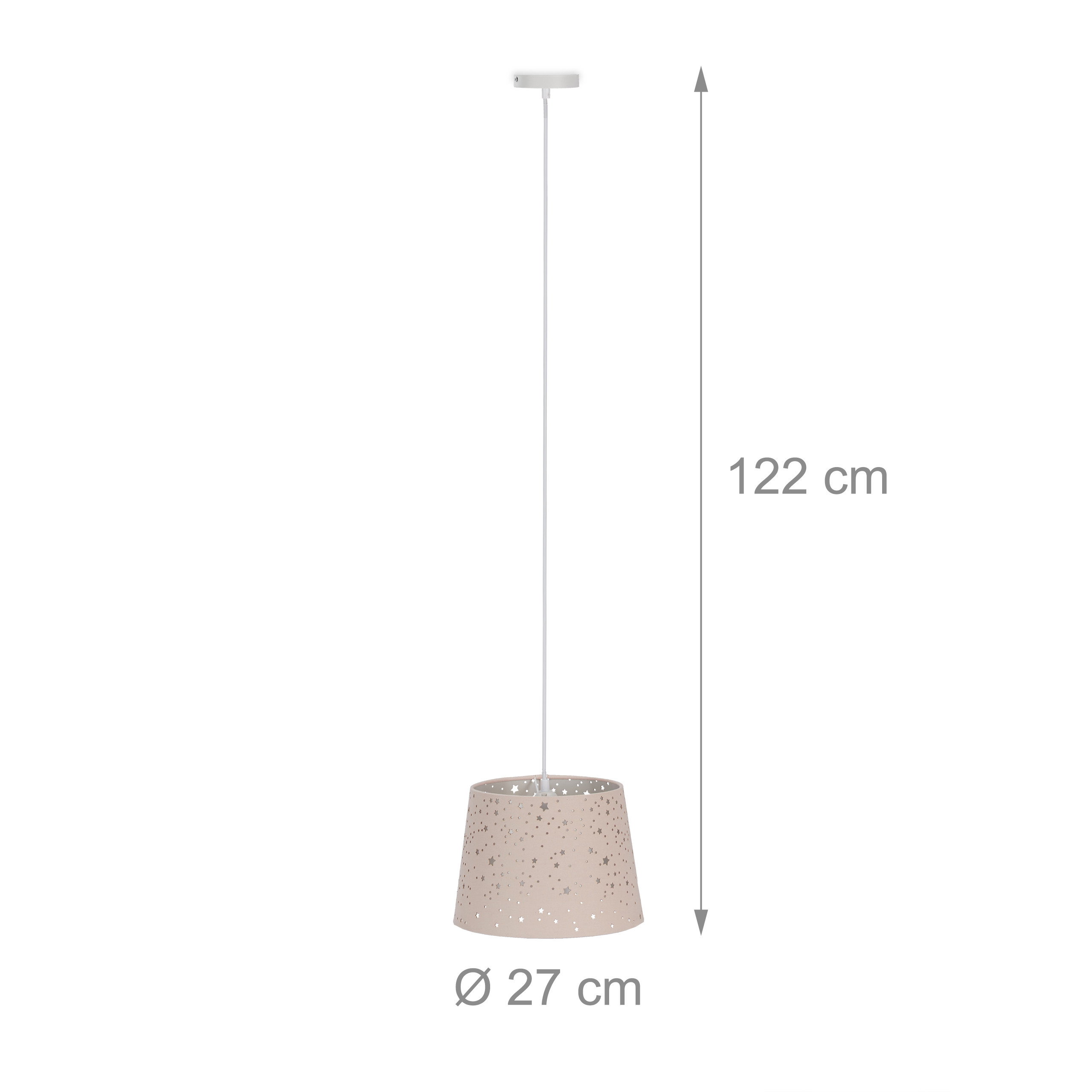 Beige Hängeleuchte mit Sternenmustern, Höhe 122 cm, Durchmesser 27 cm.