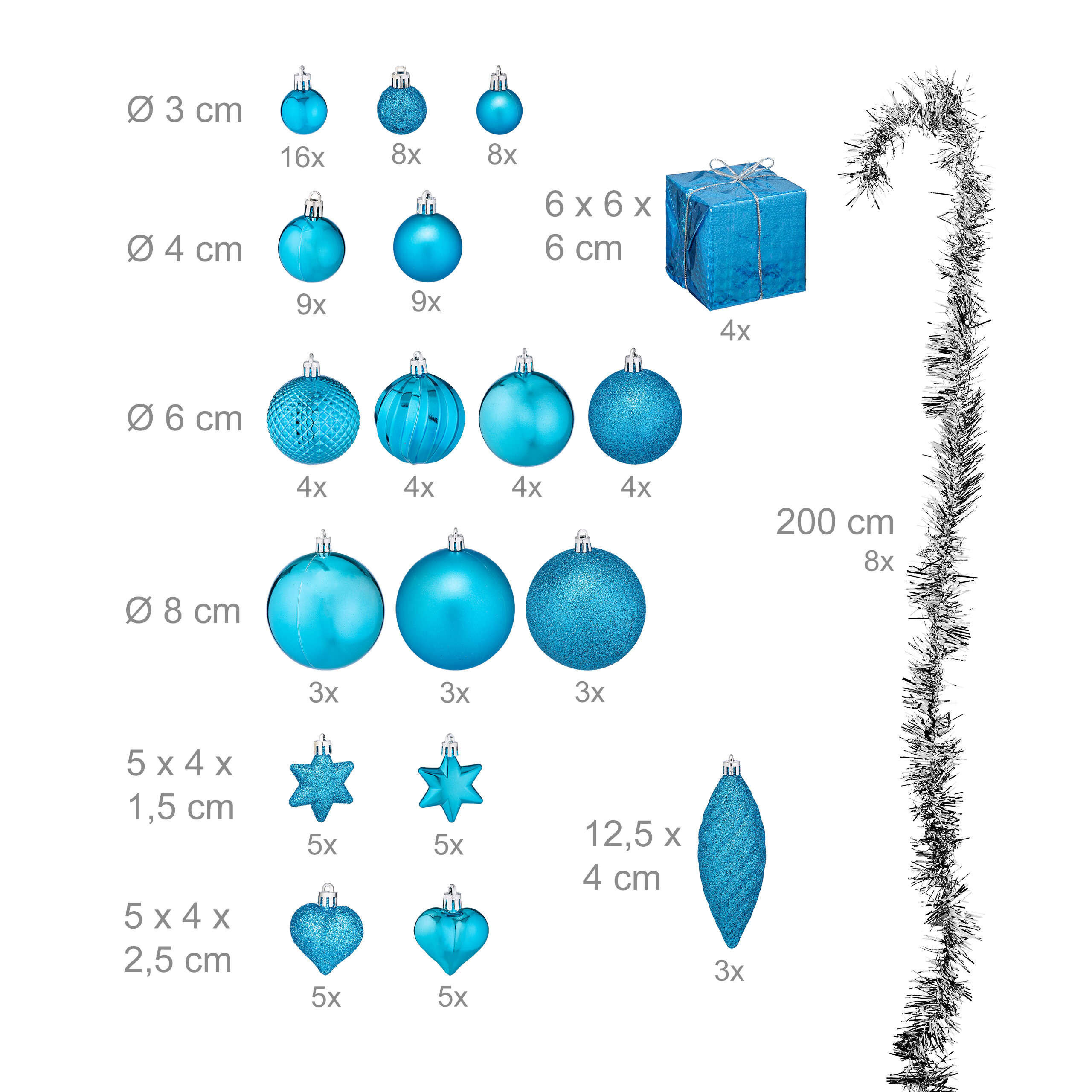 Übersicht von blauen Weihnachtskugeln, Sternen, Herzen und silberner Girlande mit Maßangaben.