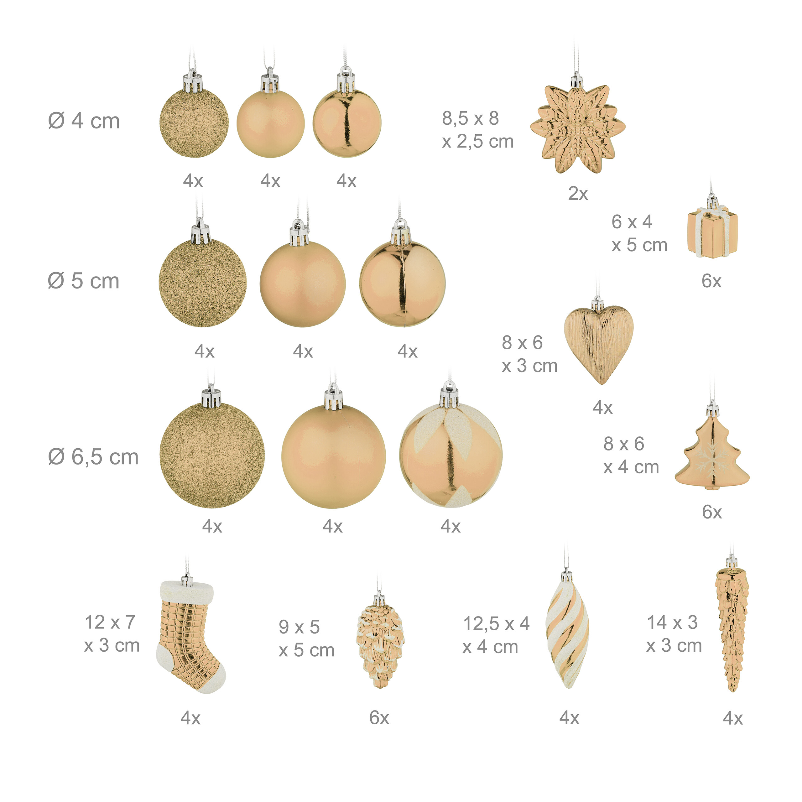 Ein Set aus goldenen und beigen Weihnachtskugeln, Sternen, Herzen, Geschenken und Bäumen mit Größenangaben.