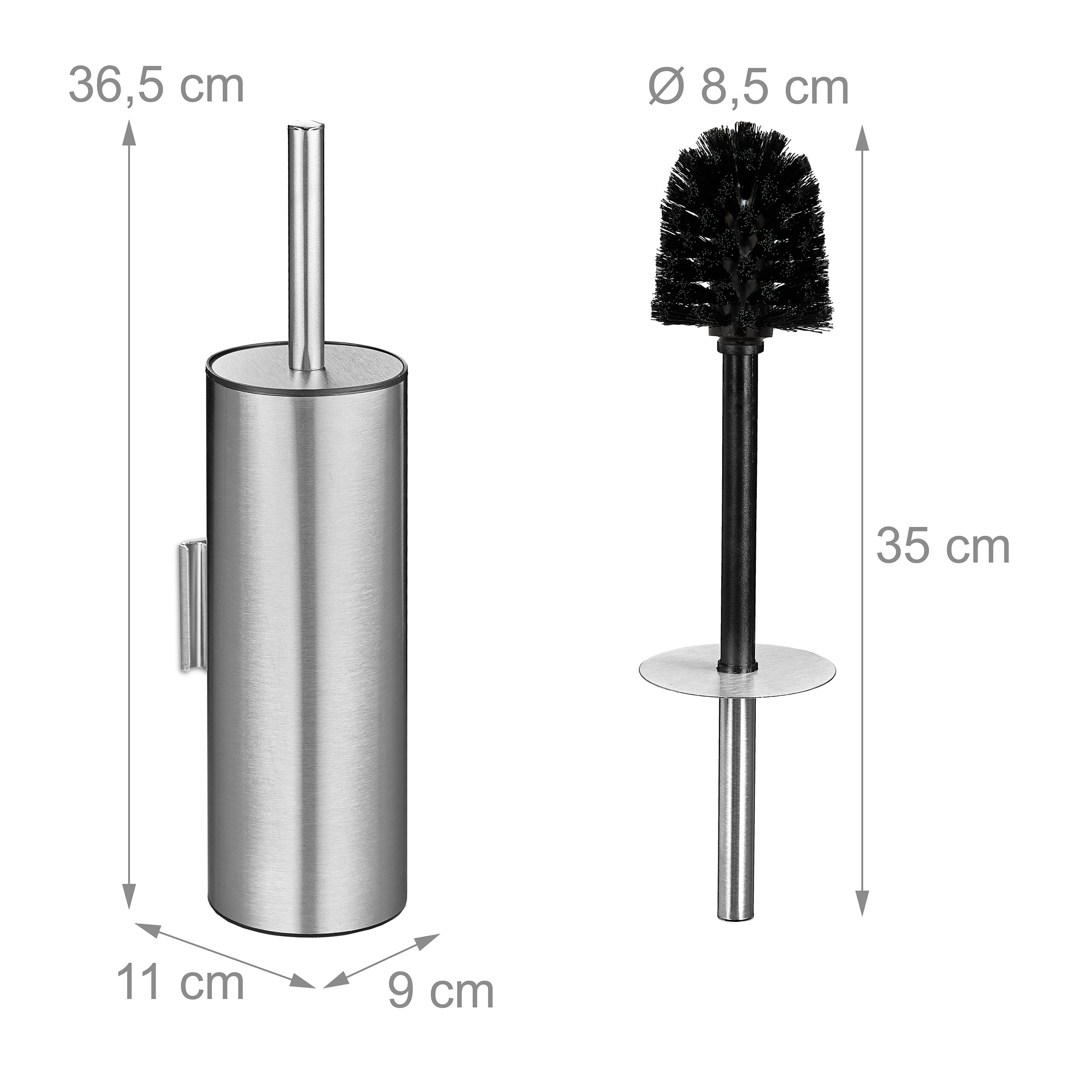Edelstahl WC-Bürstenhalter mit Maßen von 36,5x11x9 cm und einer schwarzen WC-Bürste.