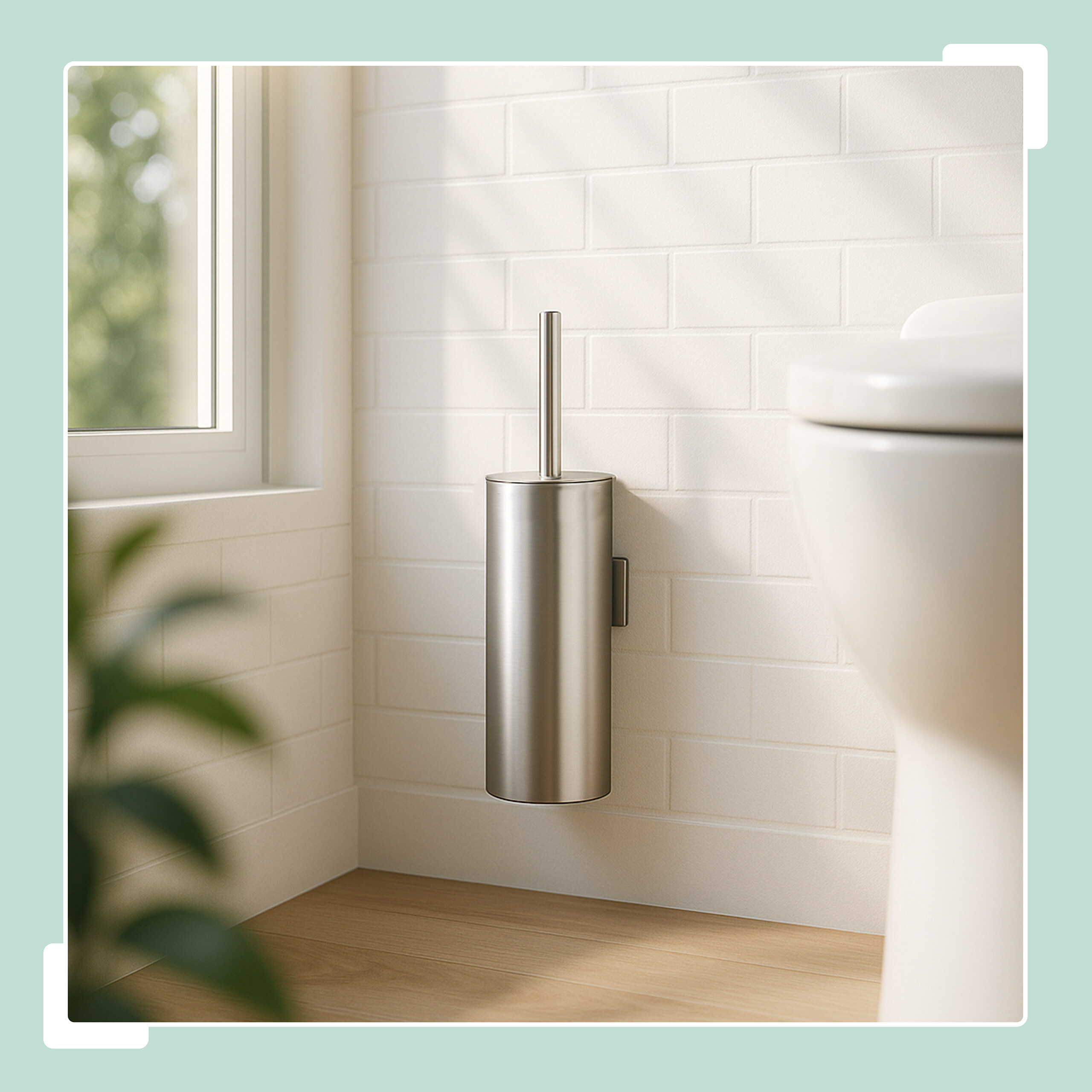 Ein Toilettenbürstenhalter aus Edelstahl an einer weißen Backsteinwand neben einer Toilette.