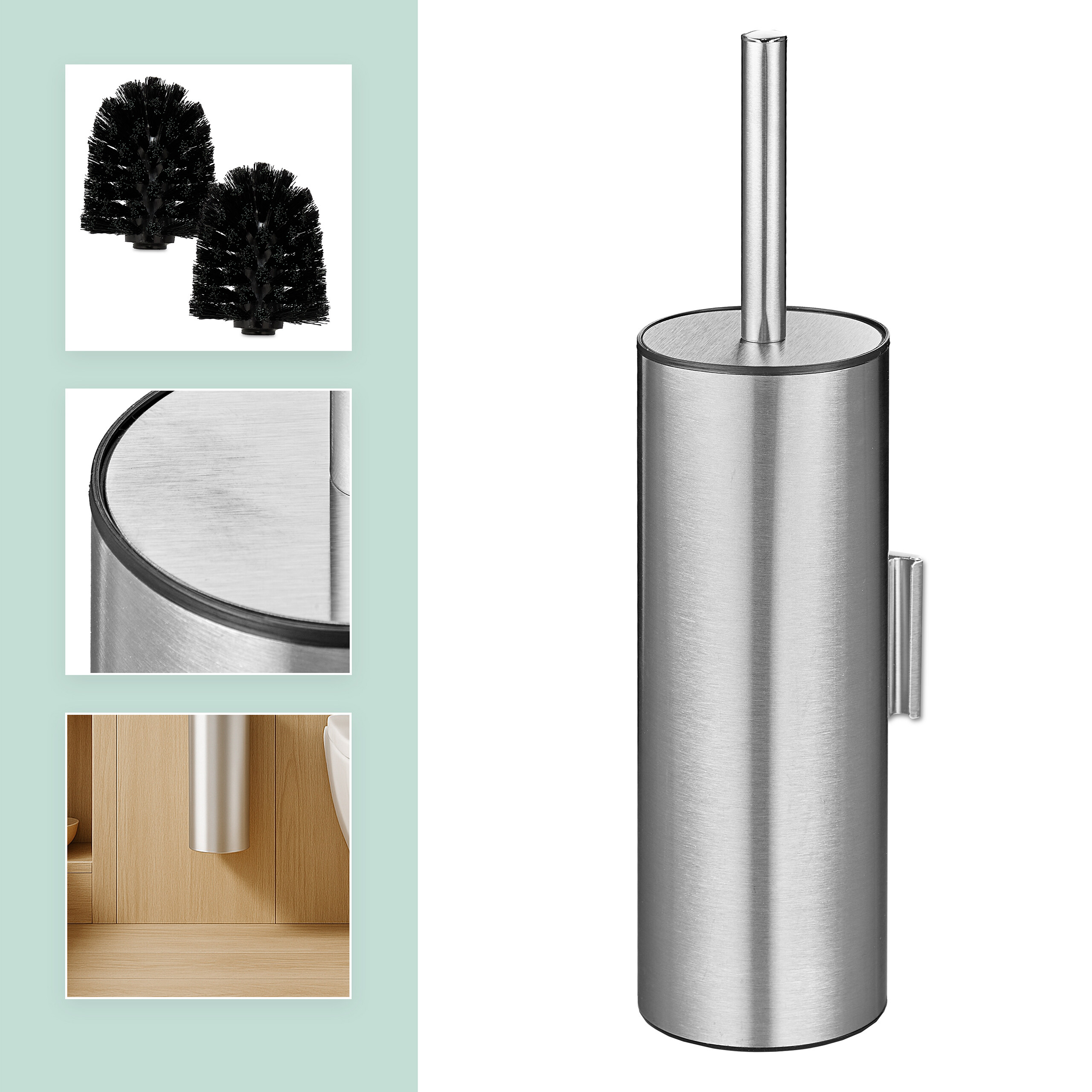 Eine Edelstahl-Toilettenbürste mit Halterung, inklusive Insets mit Ersatzbürstenköpfen und Wandmontage.