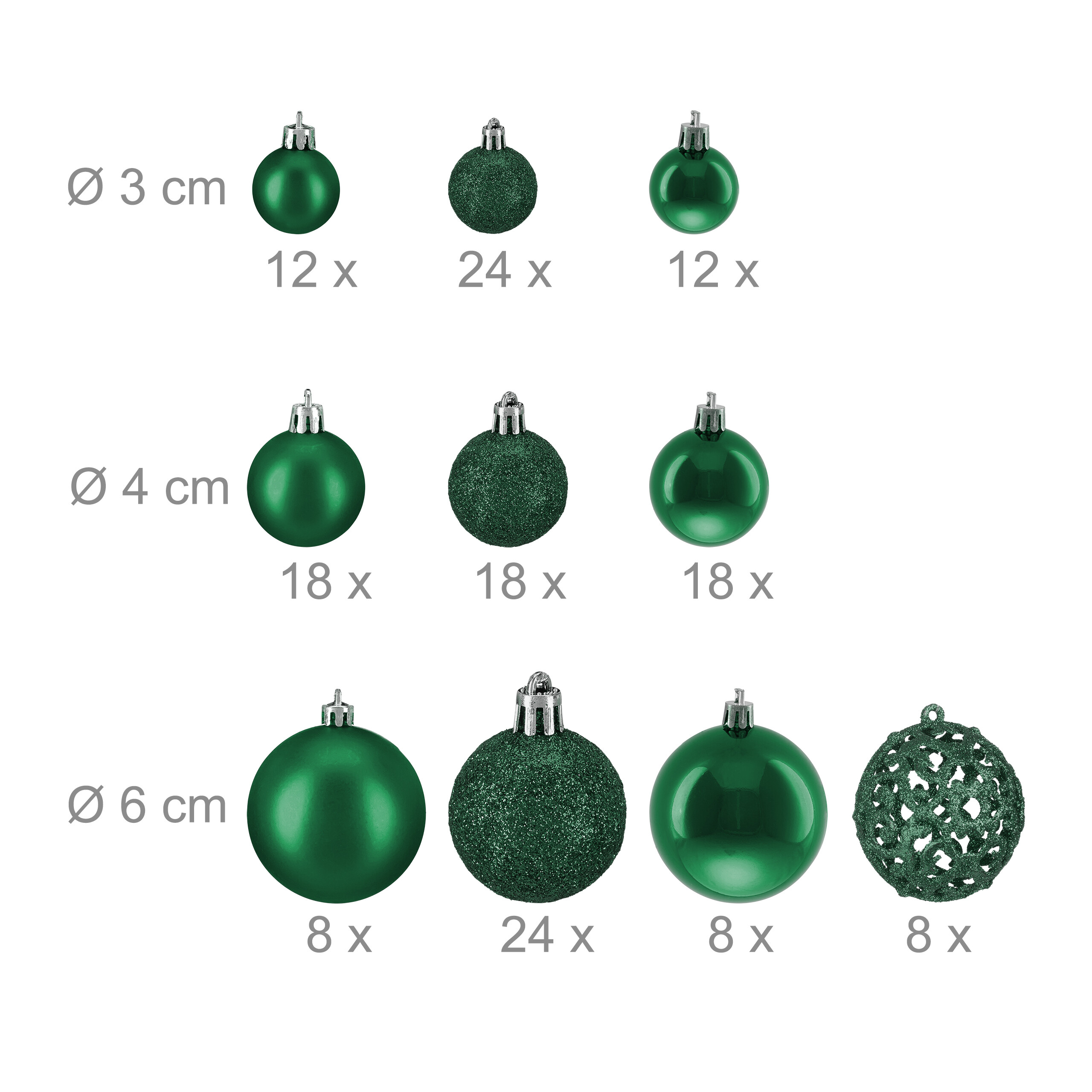 Grüne Weihnachtskugeln in verschiedenen Grö ßen, Ausführungen und Stückzahlen mit weißem Hintergrund.