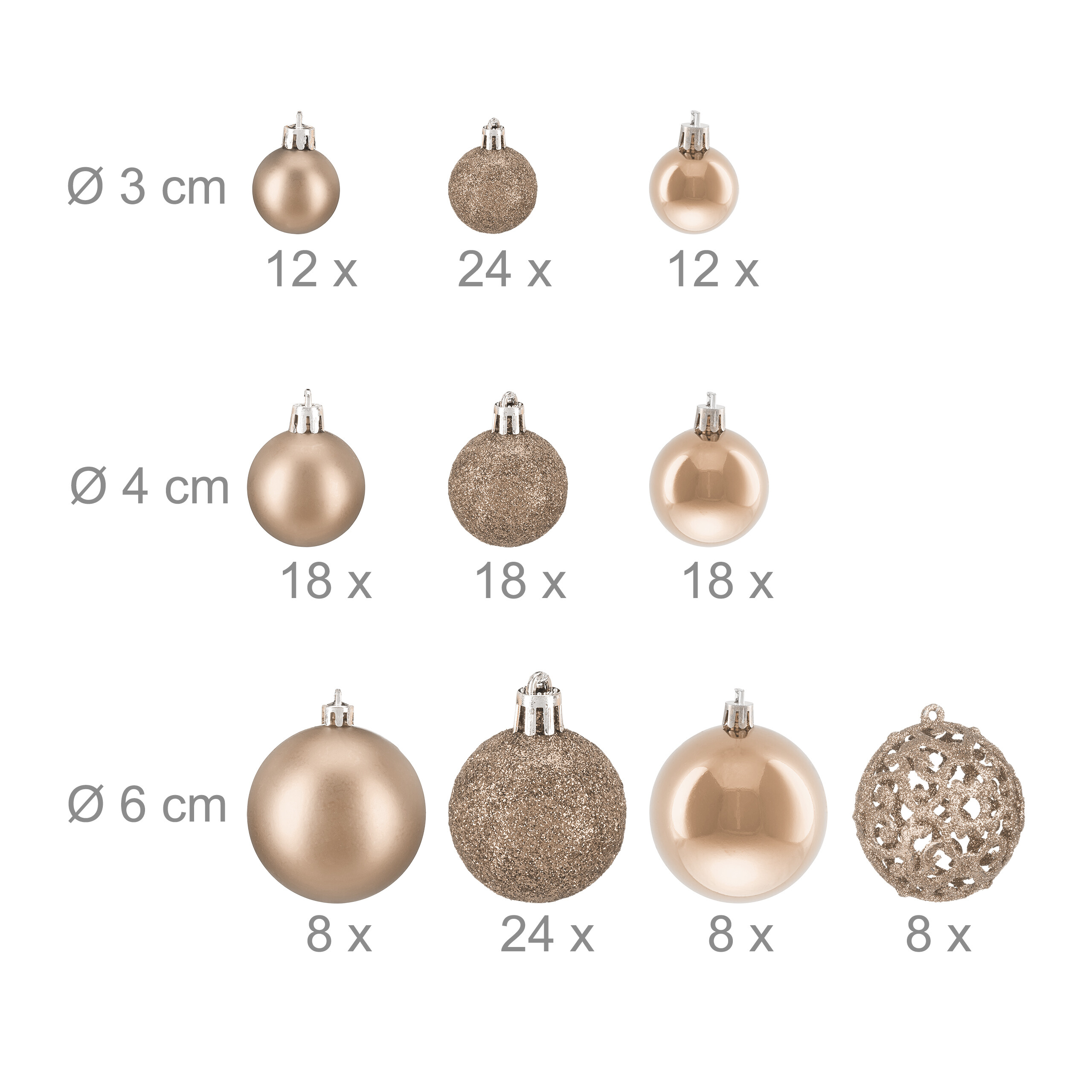 Goldene Weihnachtskugeln in drei Grössen und verschiedenen Texturen wie matt, glänzend und glitzernd.