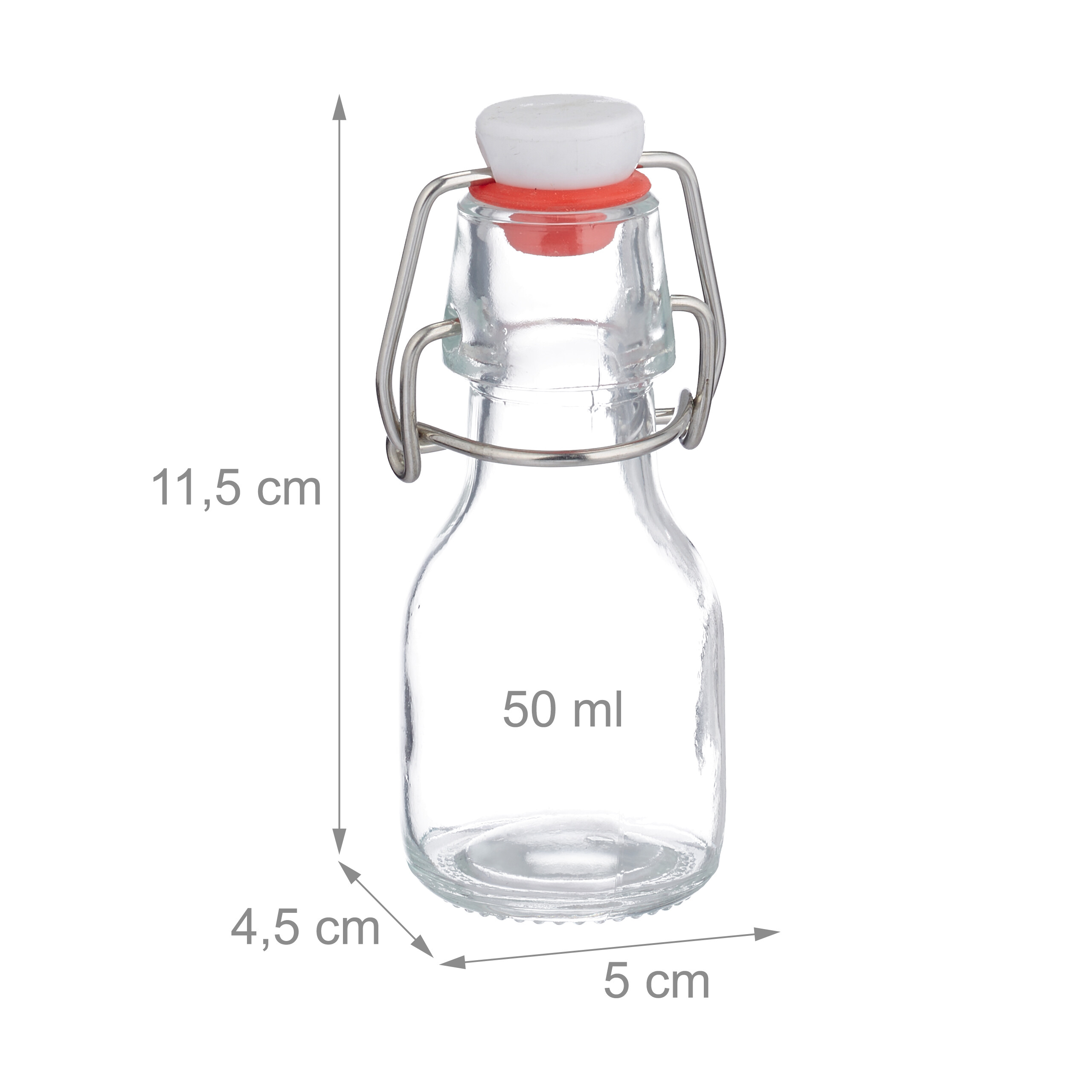 Kleine 50 ml Glasflasche mit Bügelverschluss, Maße 11,5 x 5 x 4,5 cm, auf weißem Hintergrund.
