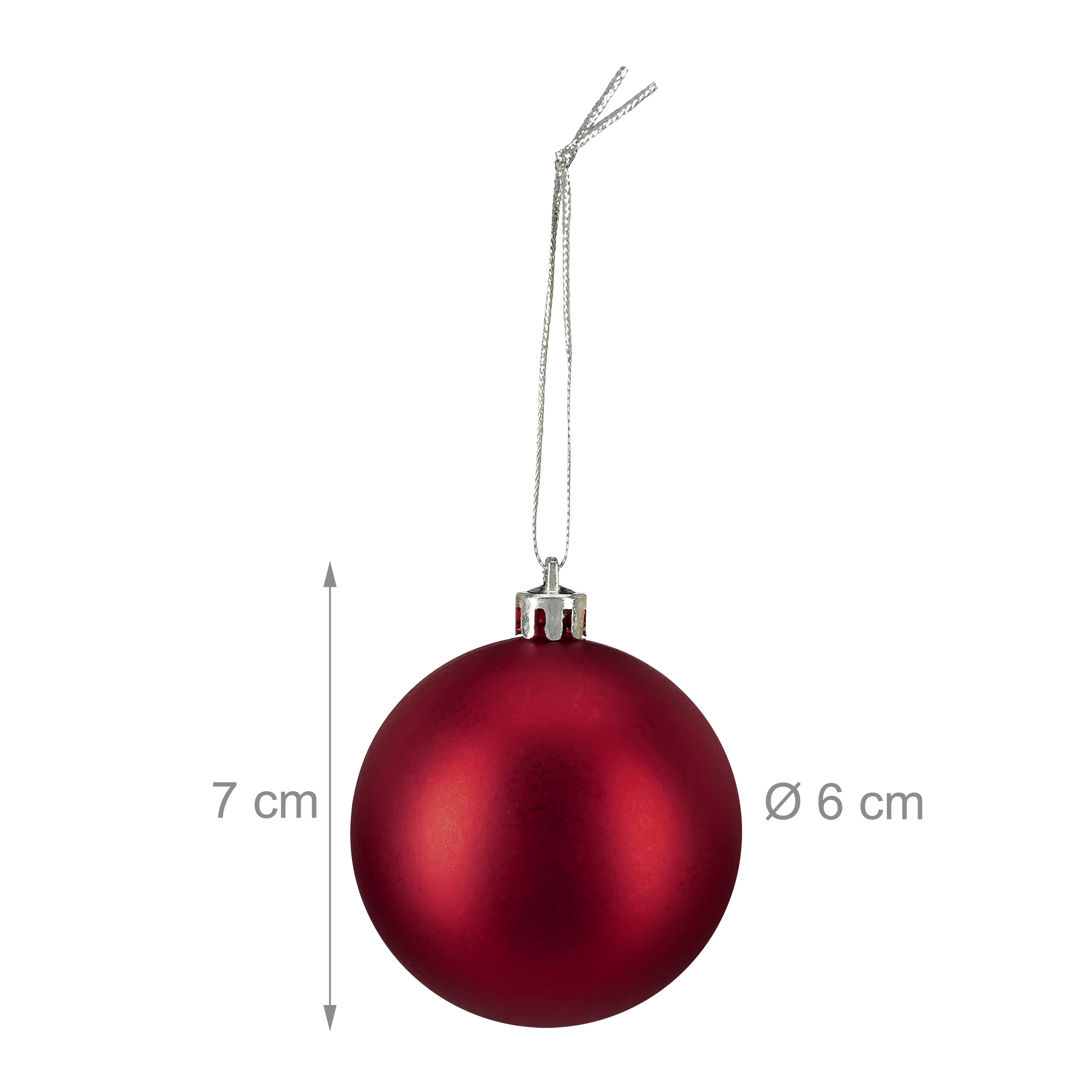 Rote Weihnachtskugel mit silberner Aufhängung, 6 cm Durchmesser und 7 cm Höhe auf weißem Hintergrund.