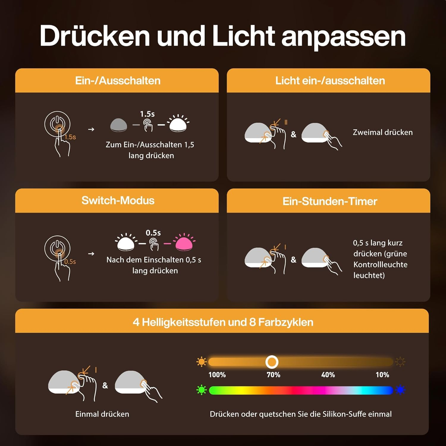 Anleitung zur Bedienung einer Lampe mit verschiedenen Touch-Funktionen auf braunem Hintergrund.